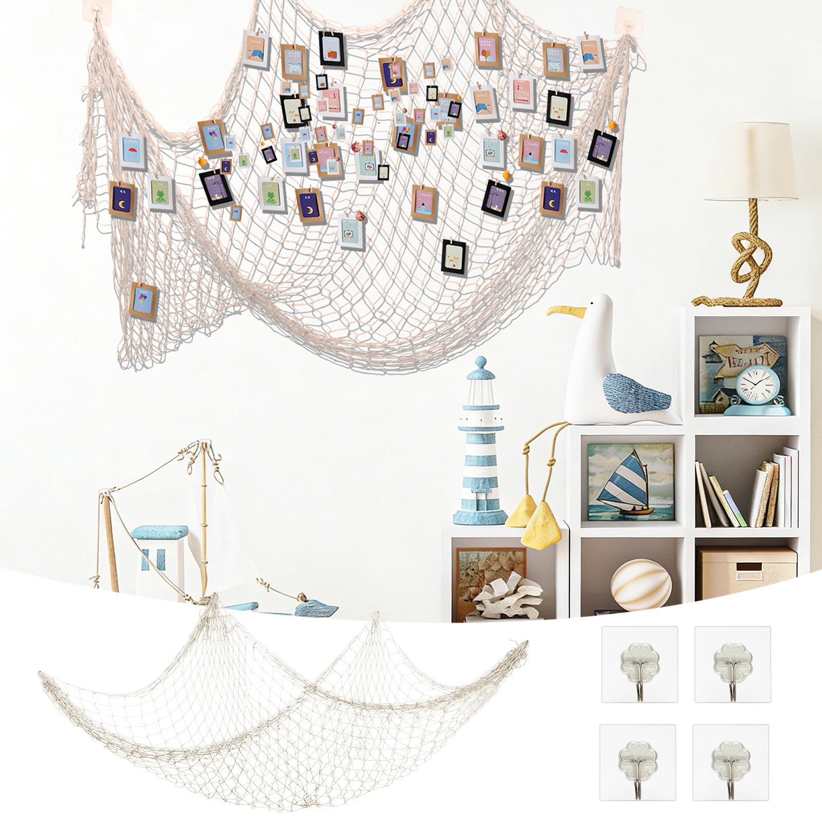 Beige Fishing Net Decoration - 1.5 X 2 M Decorative Net With 4 Hooks For Festive Rooms