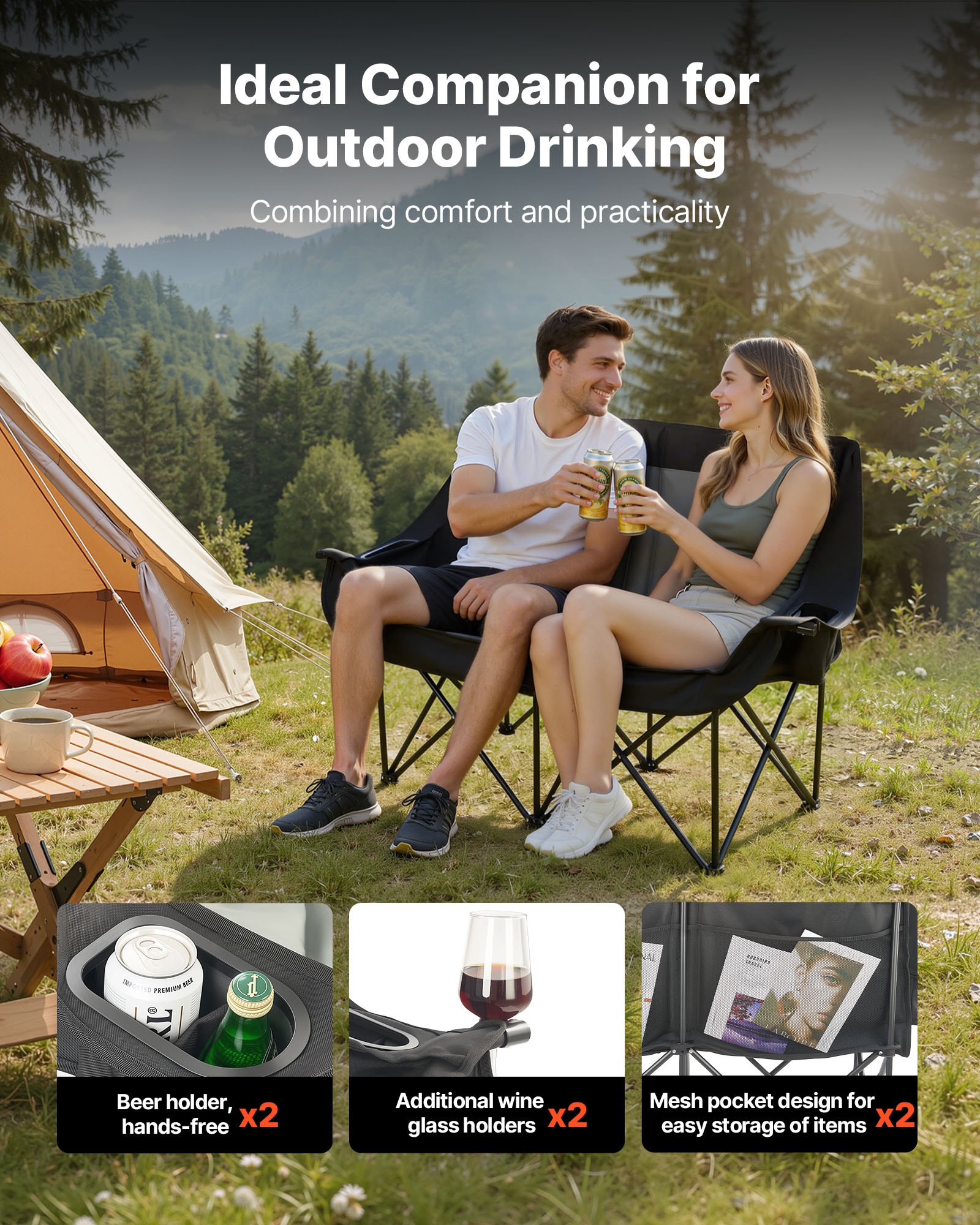 Silla De Camping Plegable Doble, Capacidad Máxima De 300 Kg Con Respaldo Acolchado, Silla De Pesca De Tela Oxford 600D Portátil Con Portavasos Y Bolsillos Para Exteriores Playa Jardín 2 Personas