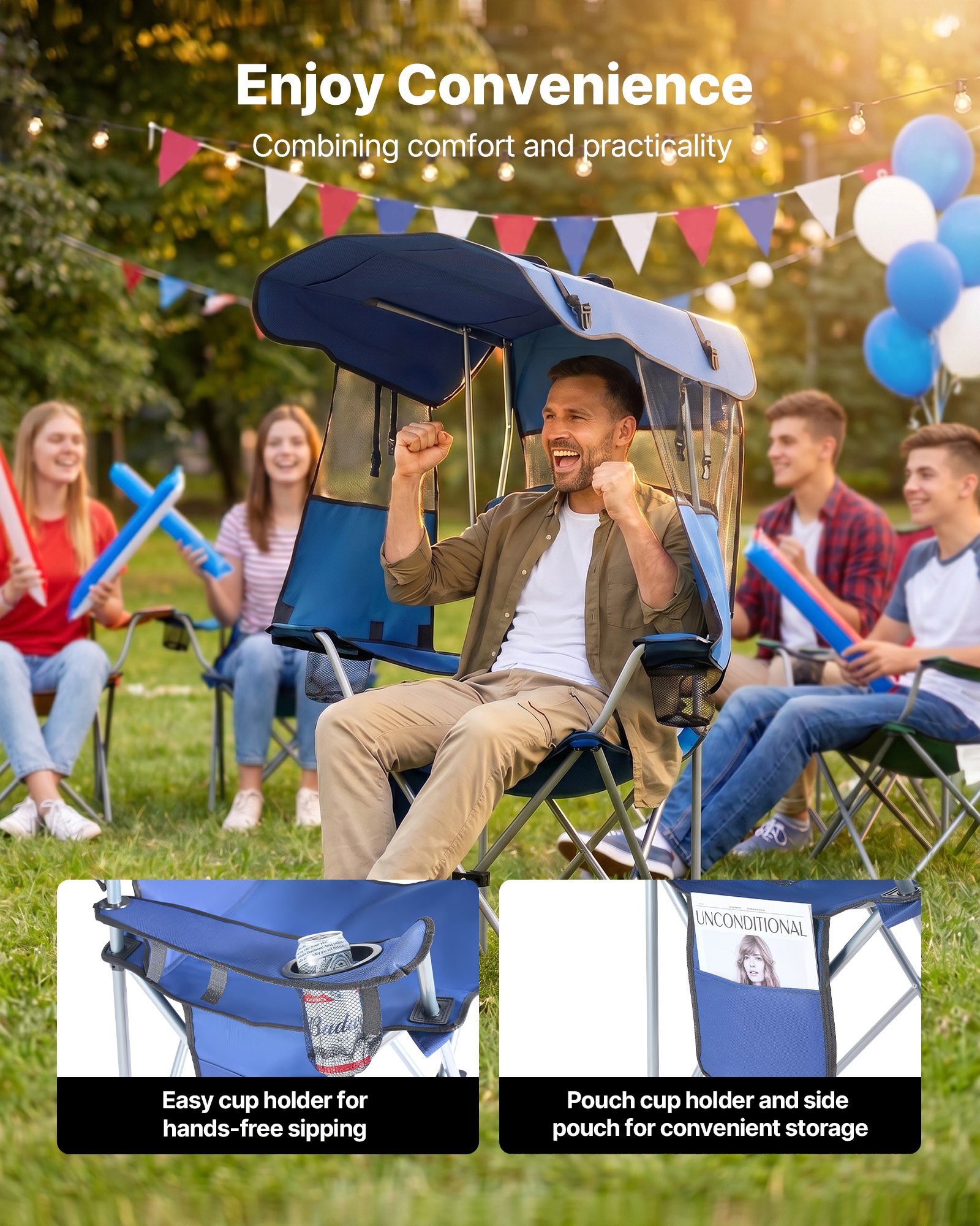 Silla De Camping Plegable Con Sombrilla Capacidad Máxima De 150 Kg, Silla De Camping Portátil Con Toldo Tela Oxford, Compartimento Para Revistas, Portavasos Y Bolsillo Para Exteriores Pesca
