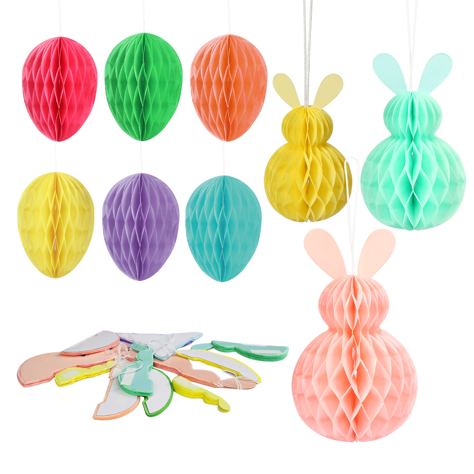 Honeycomb Paper Easter Decoration Set - Hanging Decoration With Bunny Motif And 7-Piece Egg Party Accessory Se