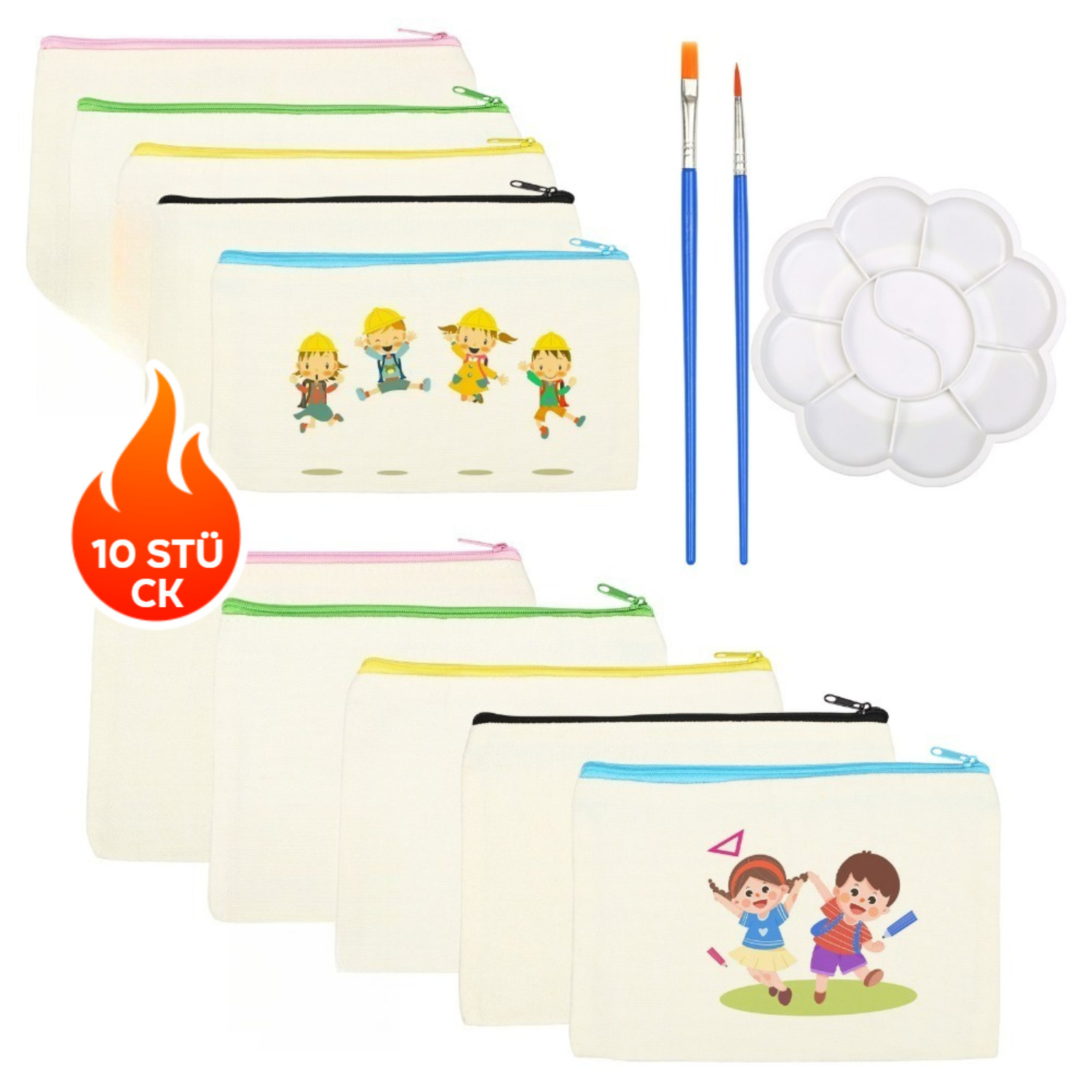 DIY Pencil Case Kit For Back-to-School – 10 Empty Polyester Pouches (2 Sizes), 2 Paintbrushes, And 1 Mini Tray | Decorate And Personalize Your School Supplies