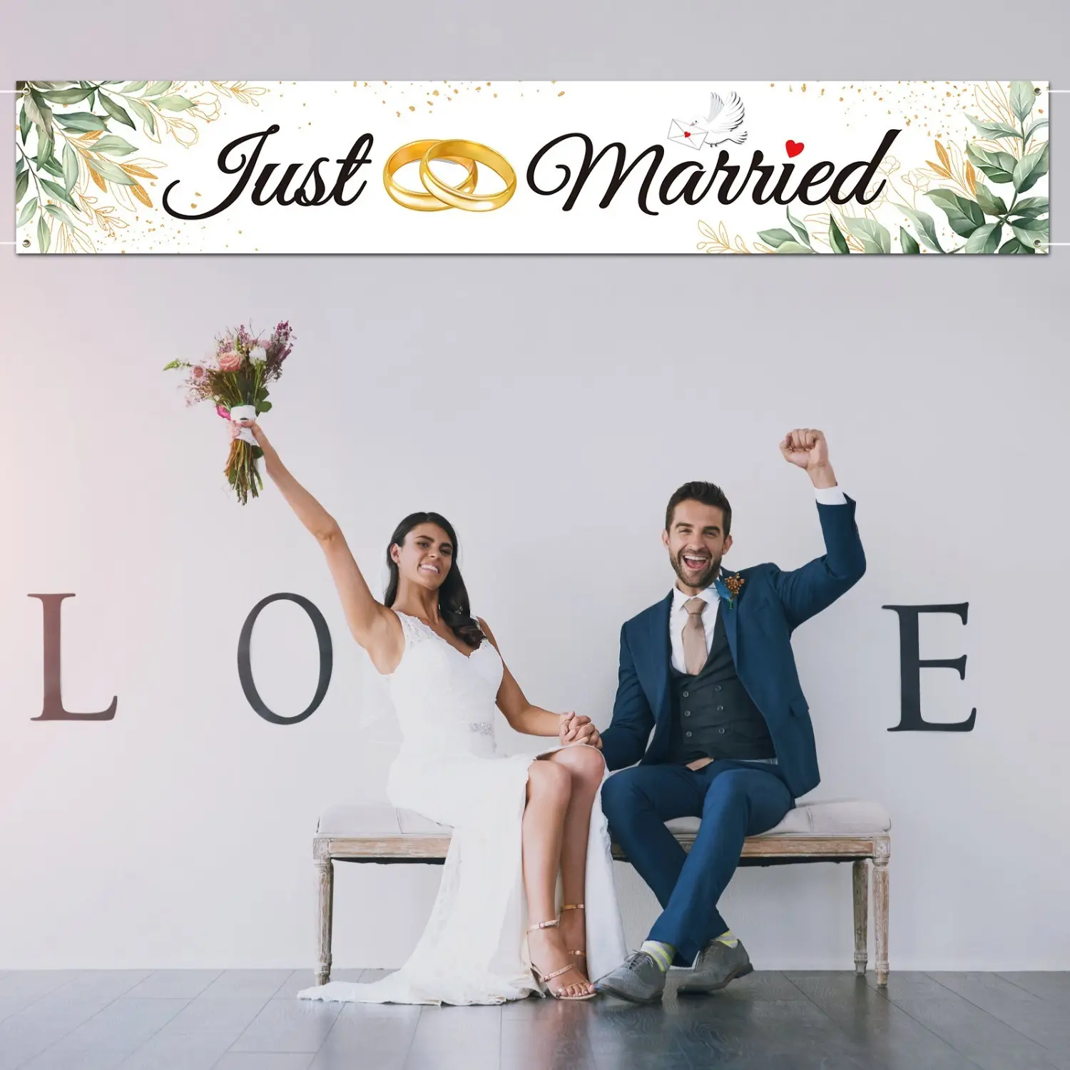 Wedding Banner, “Just Married” Eucalyptus, Decor Garland