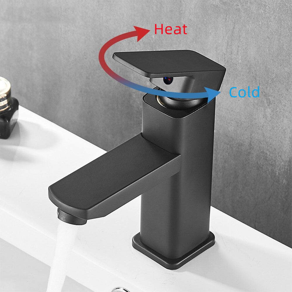 Black Square Waterfall Cloakroom Large Basin Mixer Tap Sink Mono Bathroom &Waste