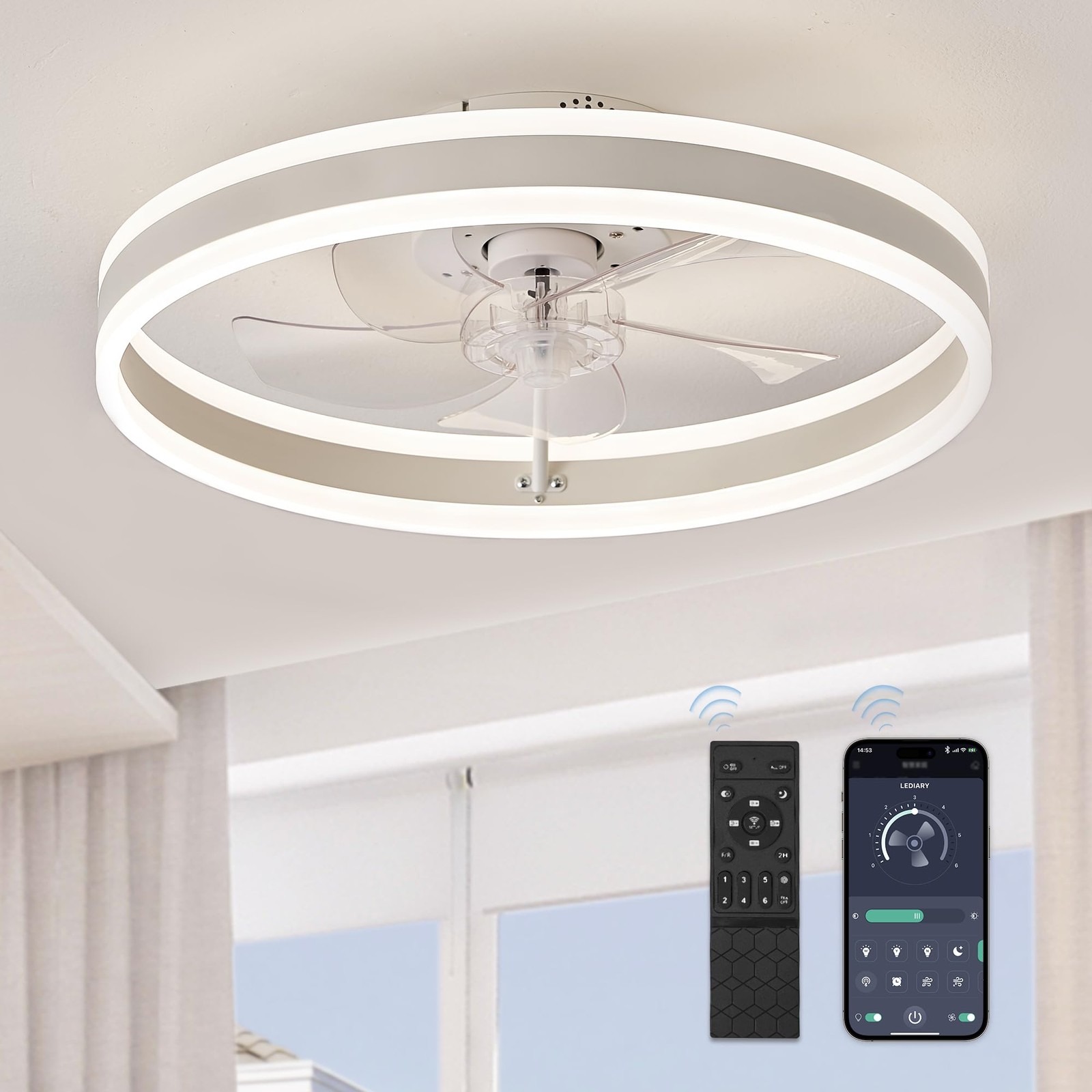 Large LED Ceiling Fan With Lighting LED Light Adjustable Wind - Remote 6 Speed