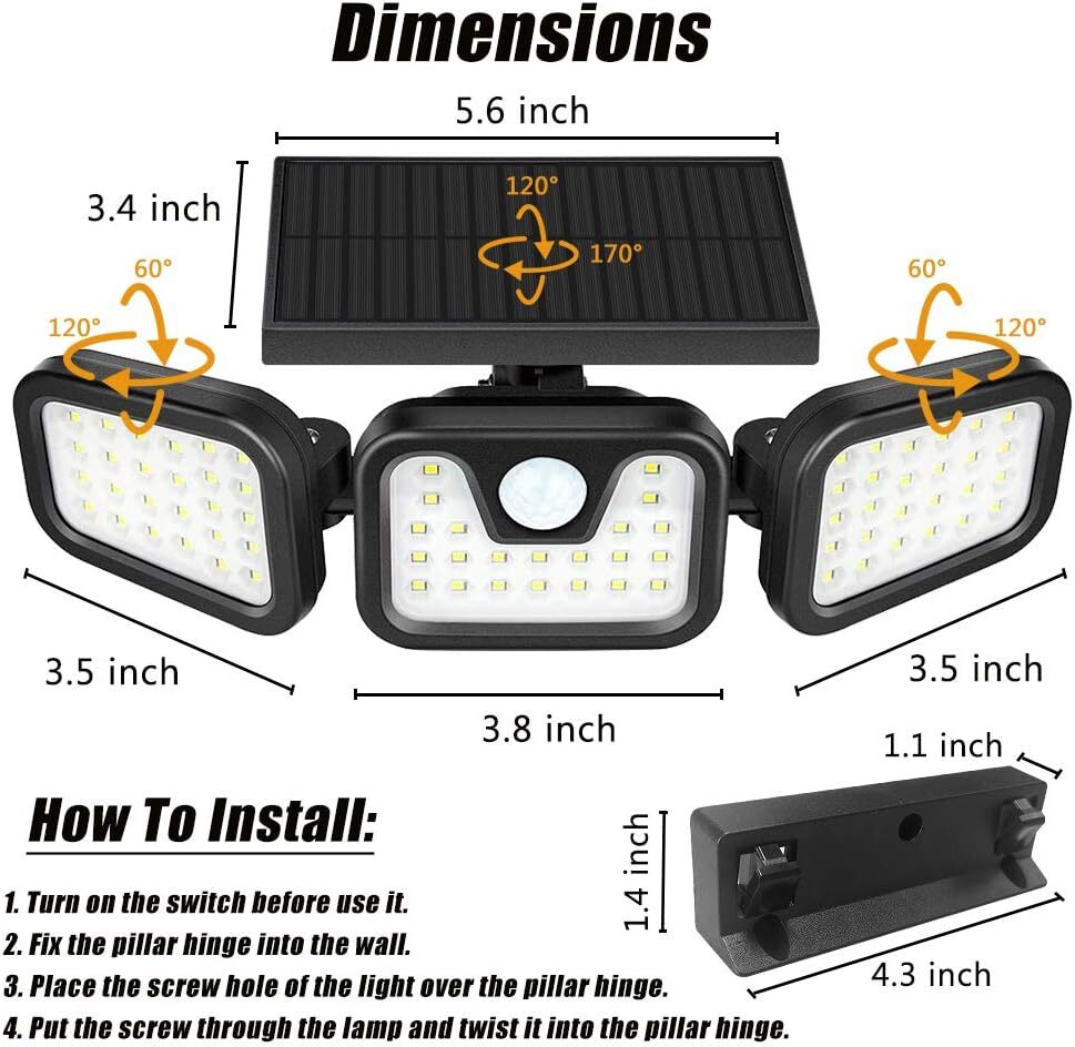 3-Head Solar Light LED PIR Motion Sensor Outdoor Garden Wall Security Lamp UK — image 5