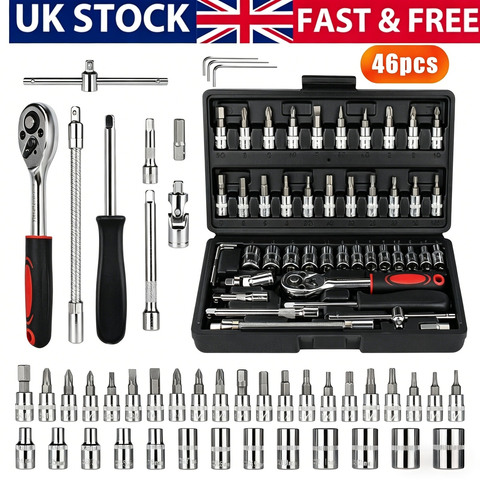 46Pcs Metric Socket 1-4in HSS Drive Ratchet Bit Set Wrench Torx Hex Tool Kit Case