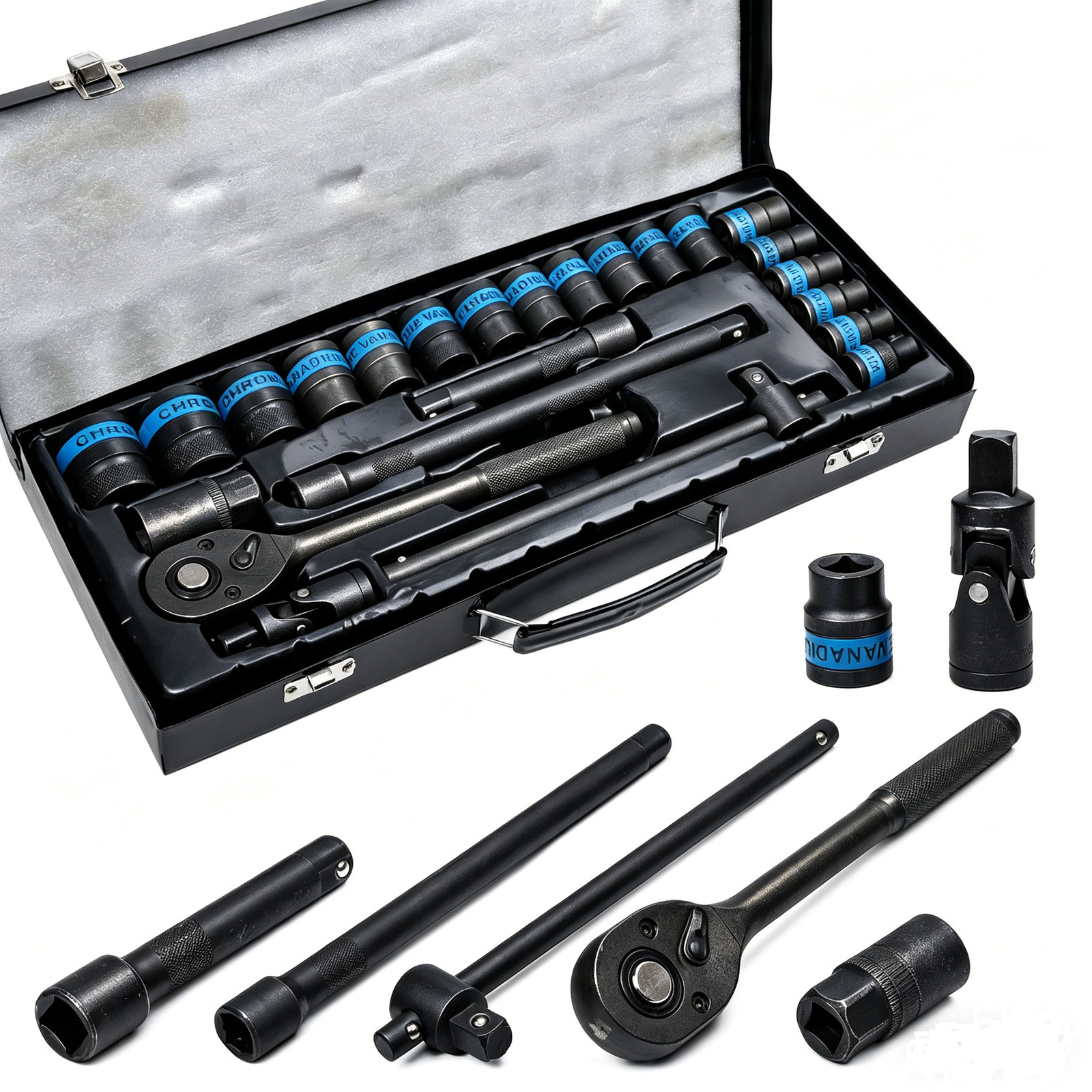 Heavy Duty 1-2in Ratchet Wrench 8-32mm Metric Socket Set Metal Case Socket Set UK