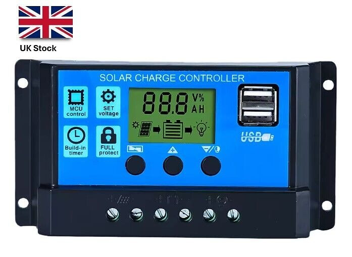 30A PWM Solar Panel Regulator Battery Charge Controller LCD Dual USB 12V-24V UK