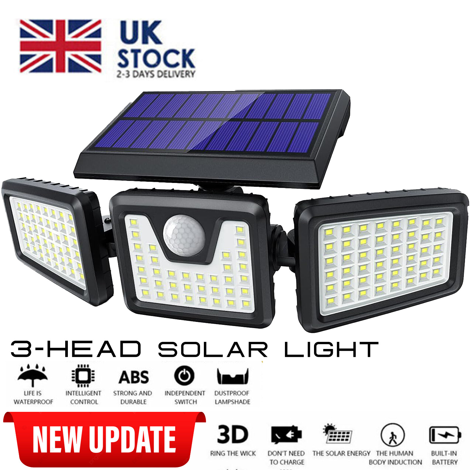 3-Head Solar Light LED PIR Motion Sensor Outdoor Garden Wall Security Lamp UK