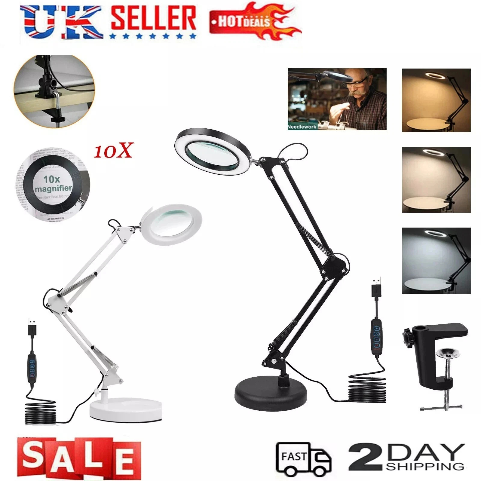 10X Magnifying Glass With Light & Clamp - LED Desk Lamp, 3 Colour Modes Steples
