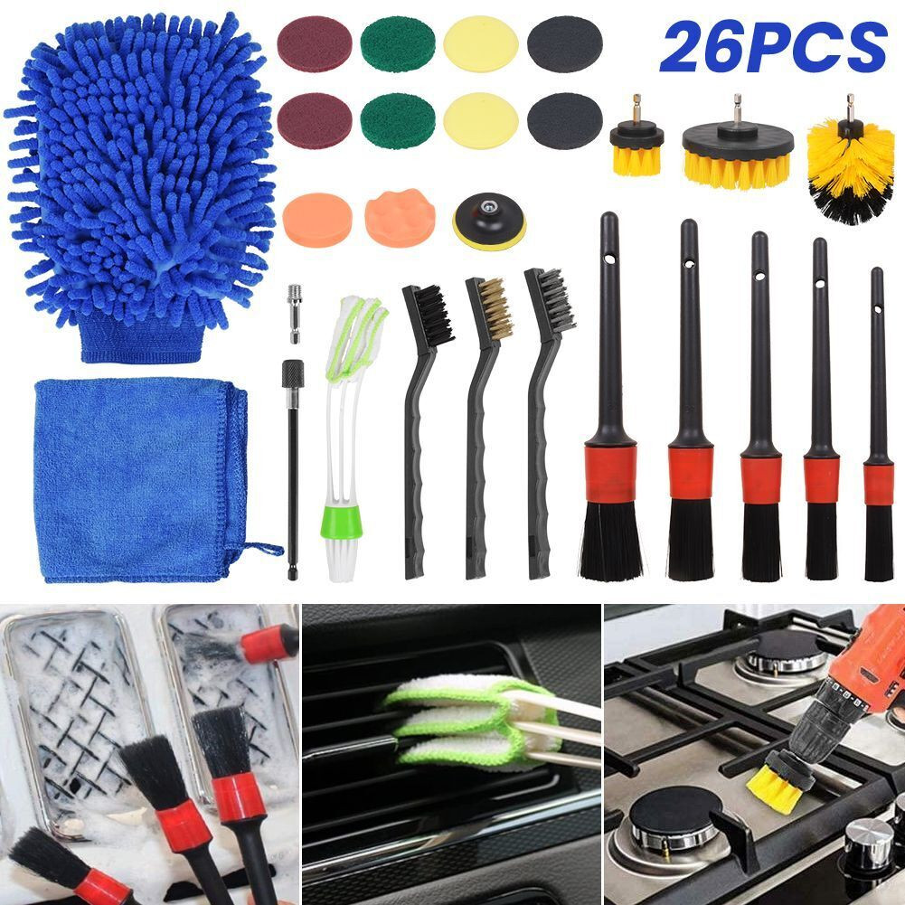 26PCS Car Cleaning Kit Auto Interior Exterior Detailing Brush Set W-Gloves Towel