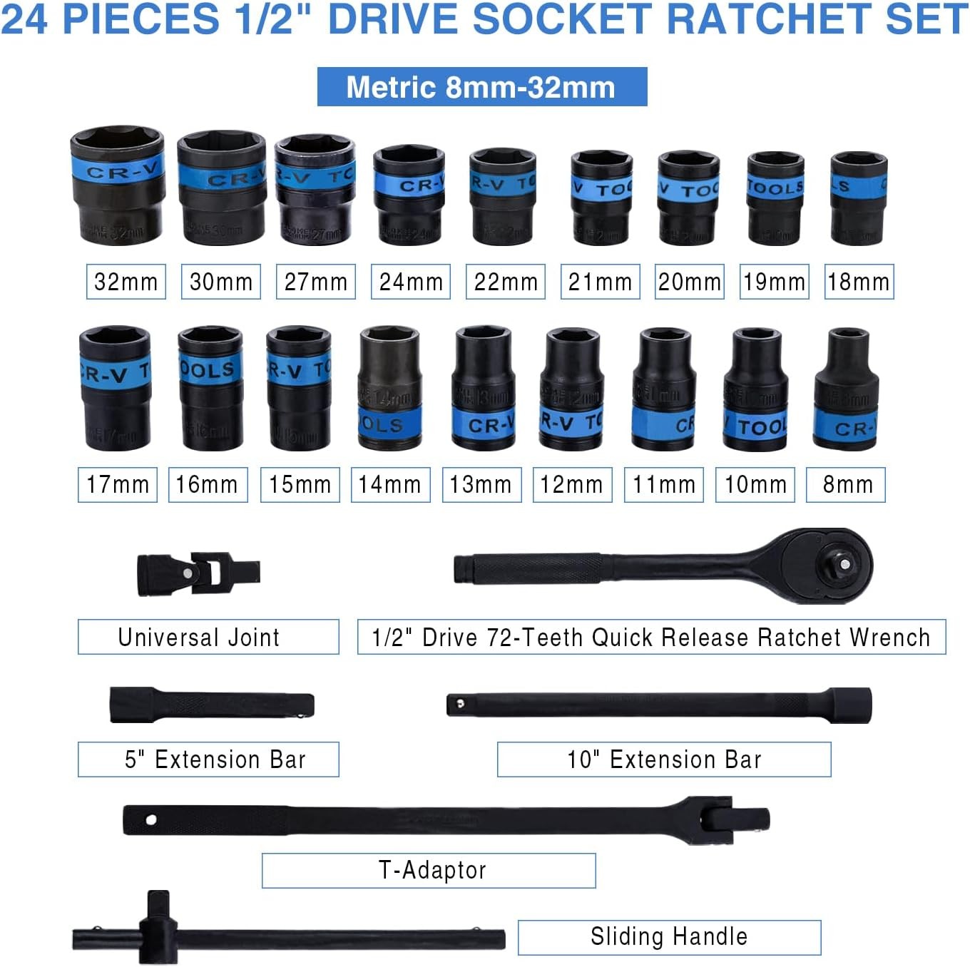 Heavy Duty 1-2in Ratchet Wrench 8-32mm Metric Socket Set Metal Case UK