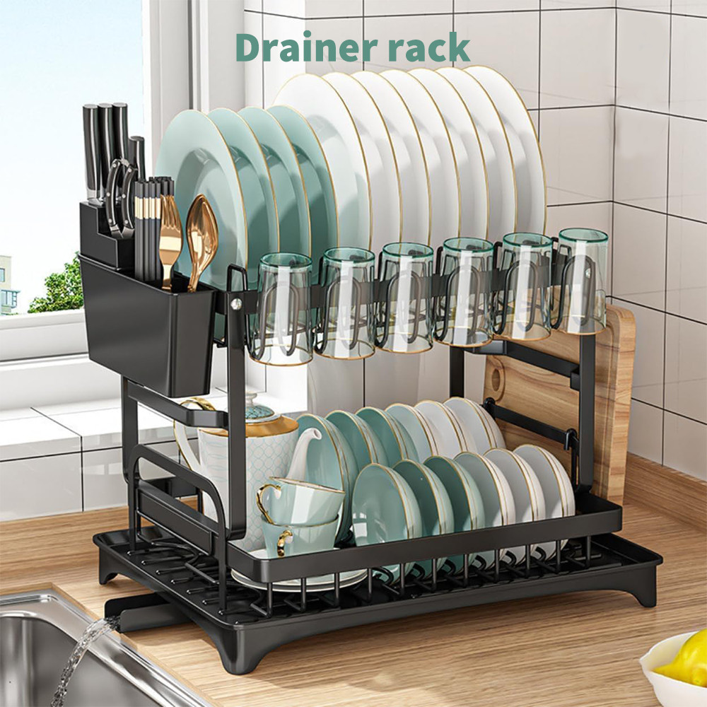 2 Tier Kitchen Sink Dish Drainer Rack With Drip Tray Cutlery Holder Plate Rack