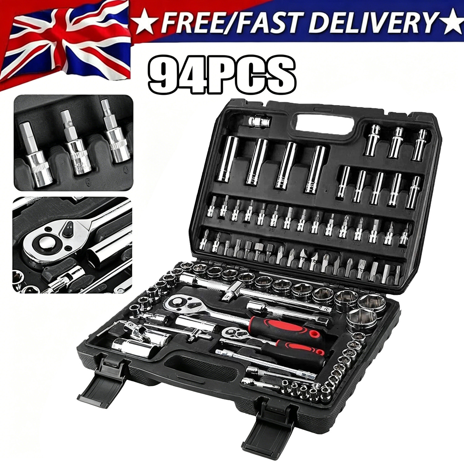 94 Piece 1-2in & 1-4in  Drive Socket Set Screwdriver Ratchet Bits Wrench Tool Kit