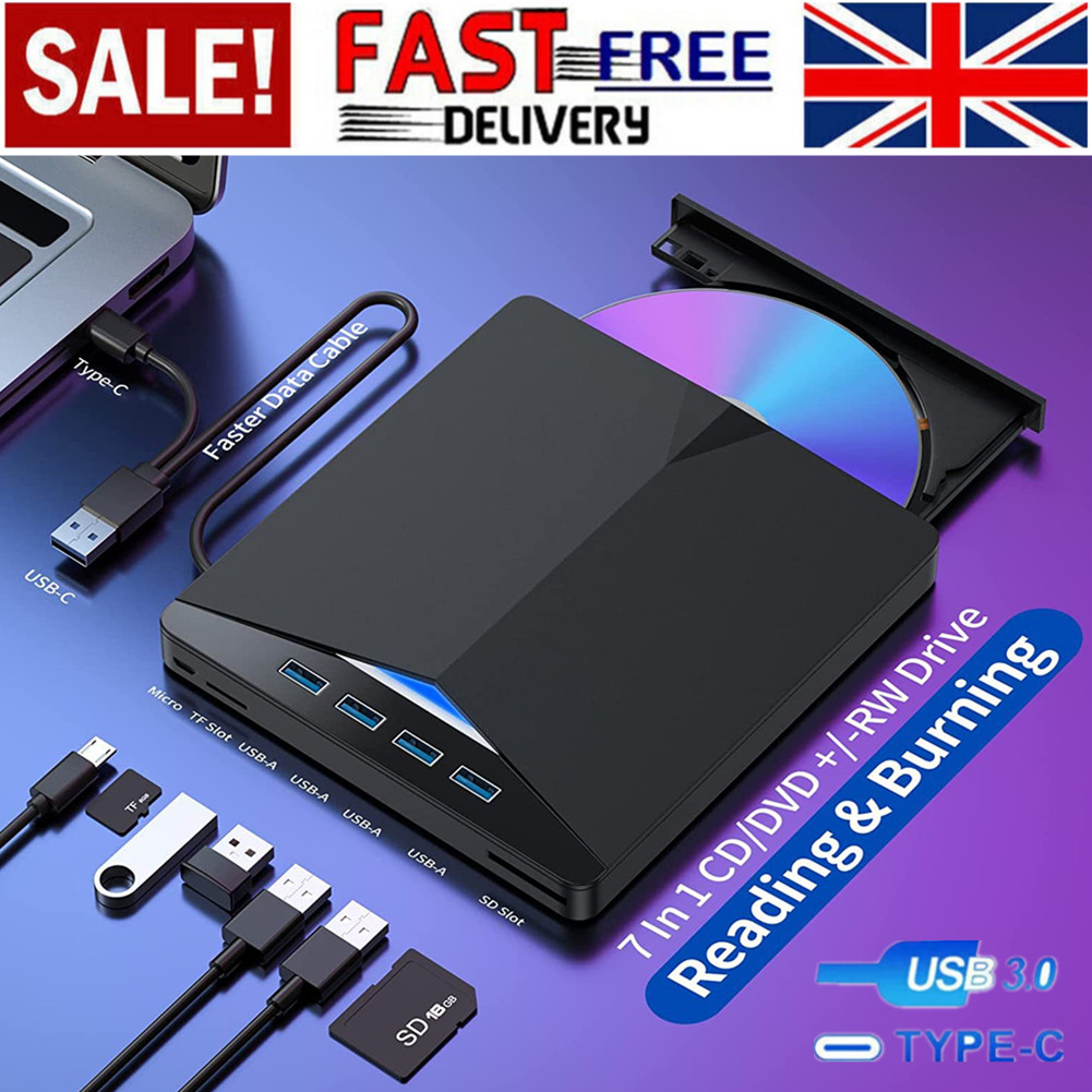 7 In1 External USB 3.0 DVD CD RW Writer Drive Burner Reader Player For Laptop PC