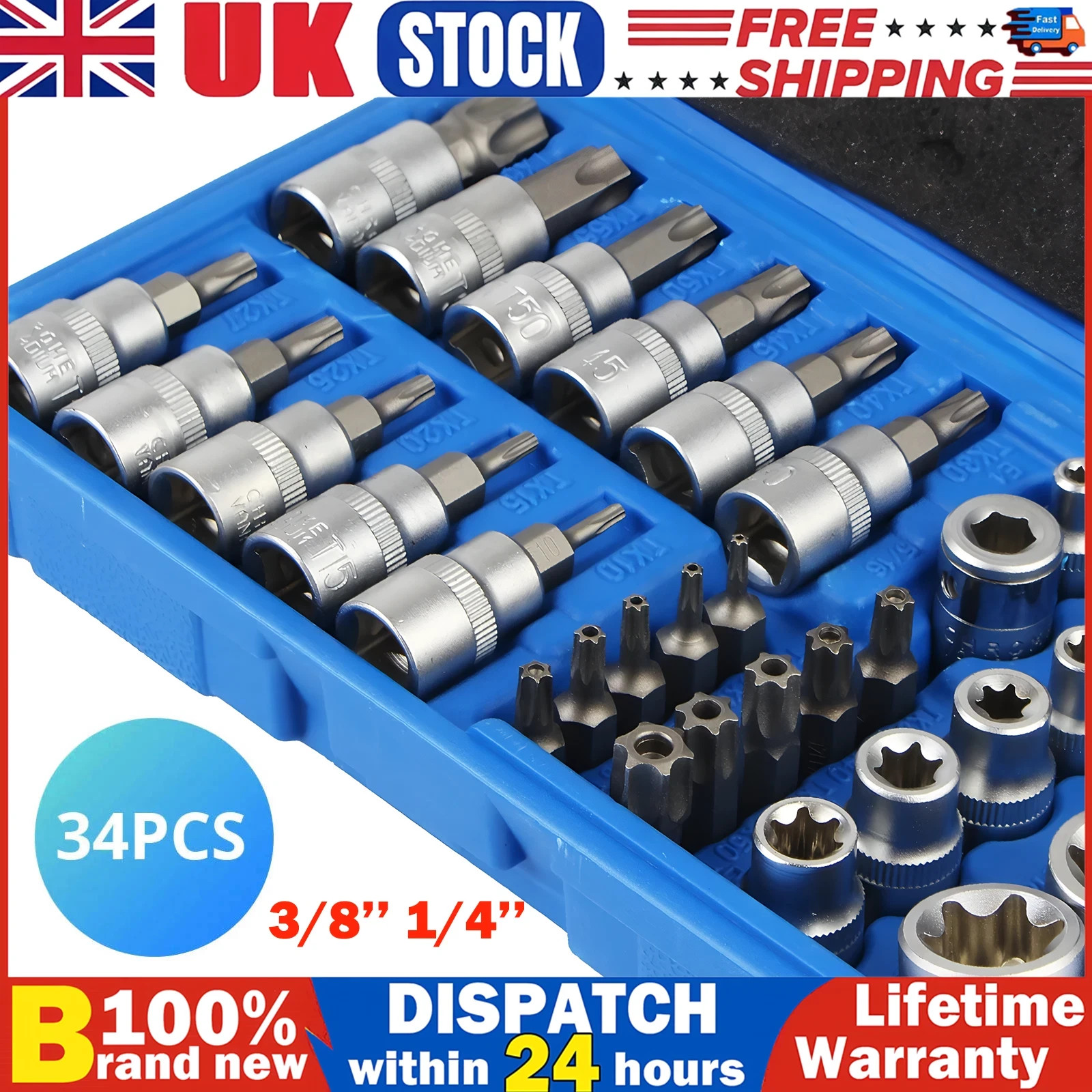 34pcs Torx Star Socket & Bit Set Male Female E & T Sockets Torx Bits With Case