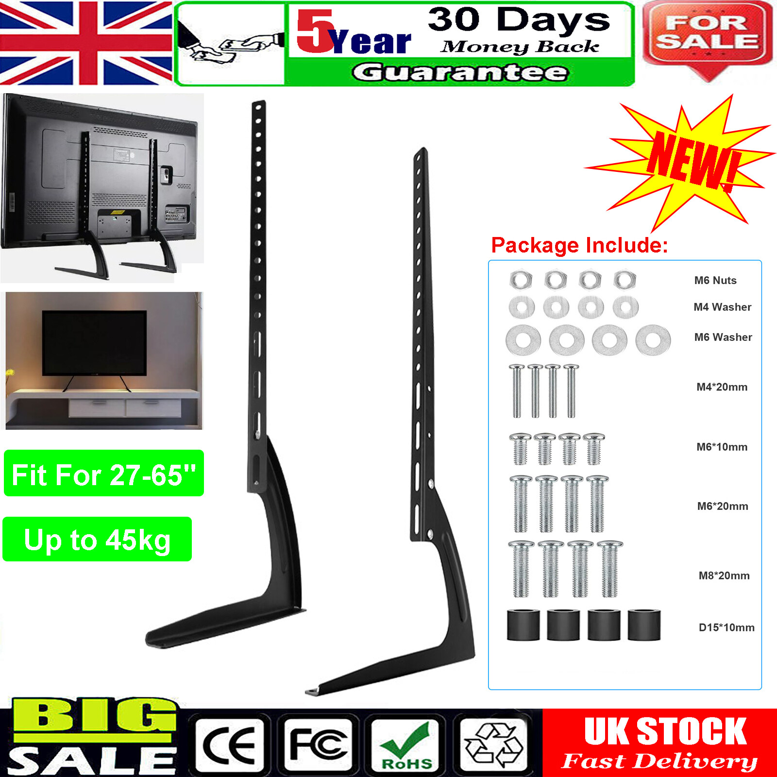 27in-65in Universal Table Top TV Stand Base LCD LED VESA Pedestal Mount Bracket UK