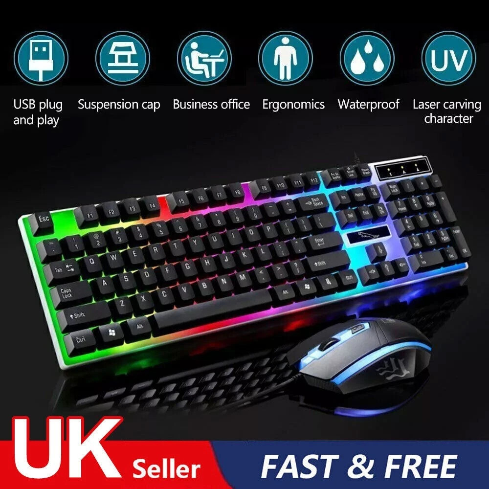 UK Gaming Keyboard And Mouse Set RGB LED USB For PC Laptop Xbox One PS4 PS