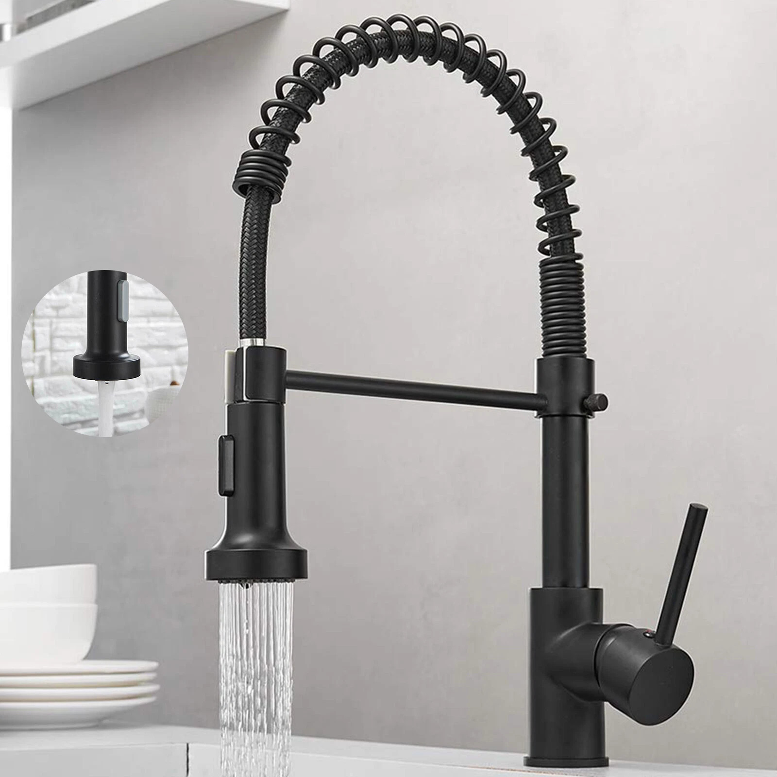 Matt Black Monobloc Kitchen Sink Mixer Tap With Pull Out Hose Spray Single Lever