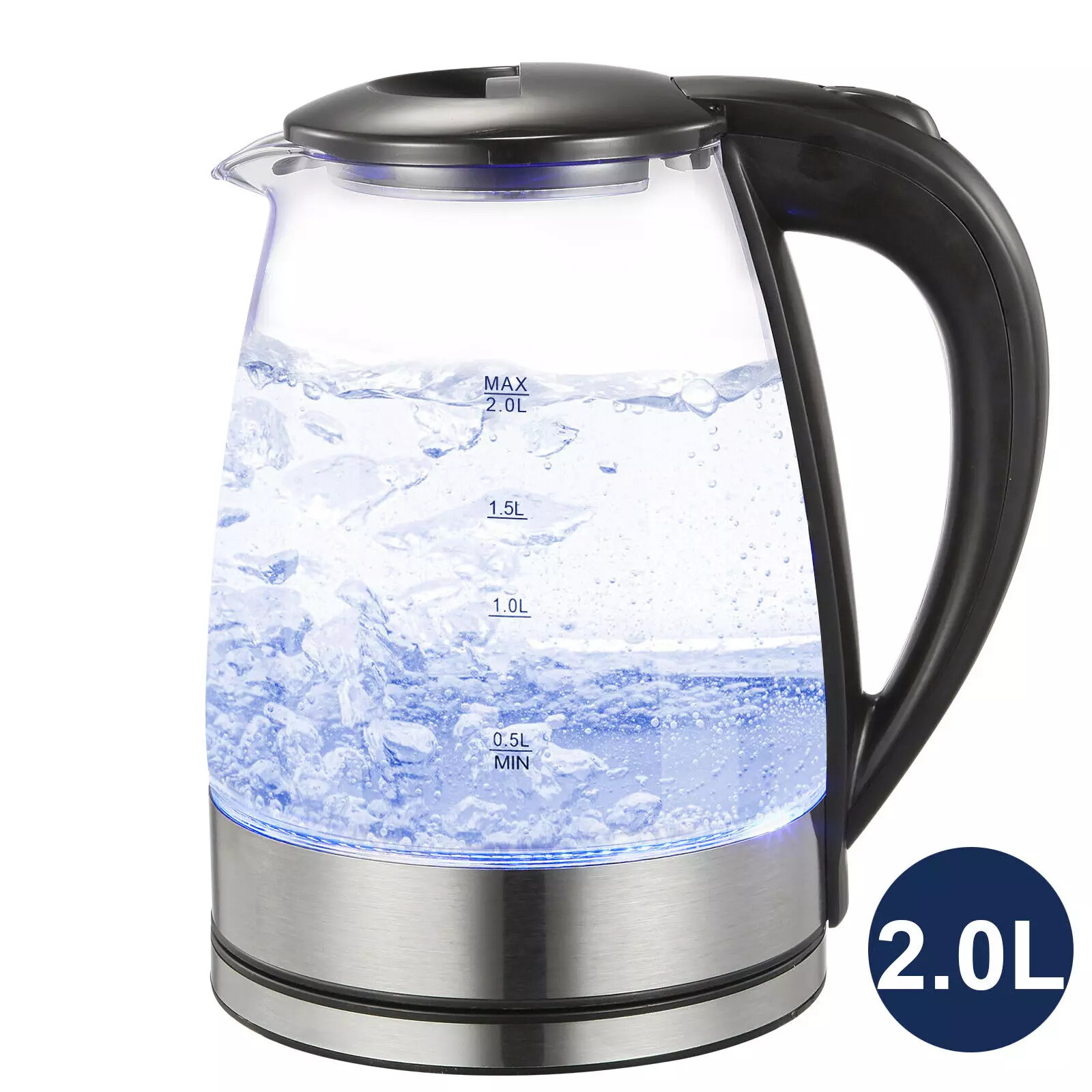 2L Electric Kettle Fast Boil Quiet Glass Kettle 360 Blue LED Boil-Dry Protection