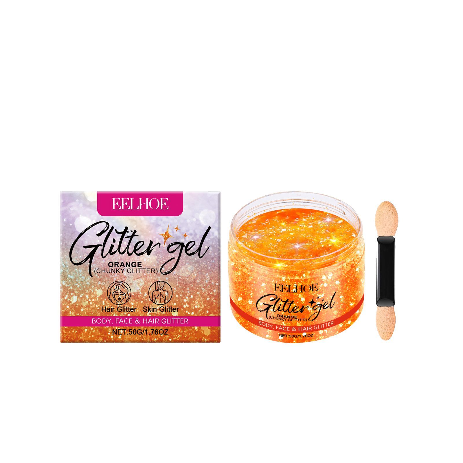 EELHOE Orange Glitter Gel with Applicator, 50 g with Applicator