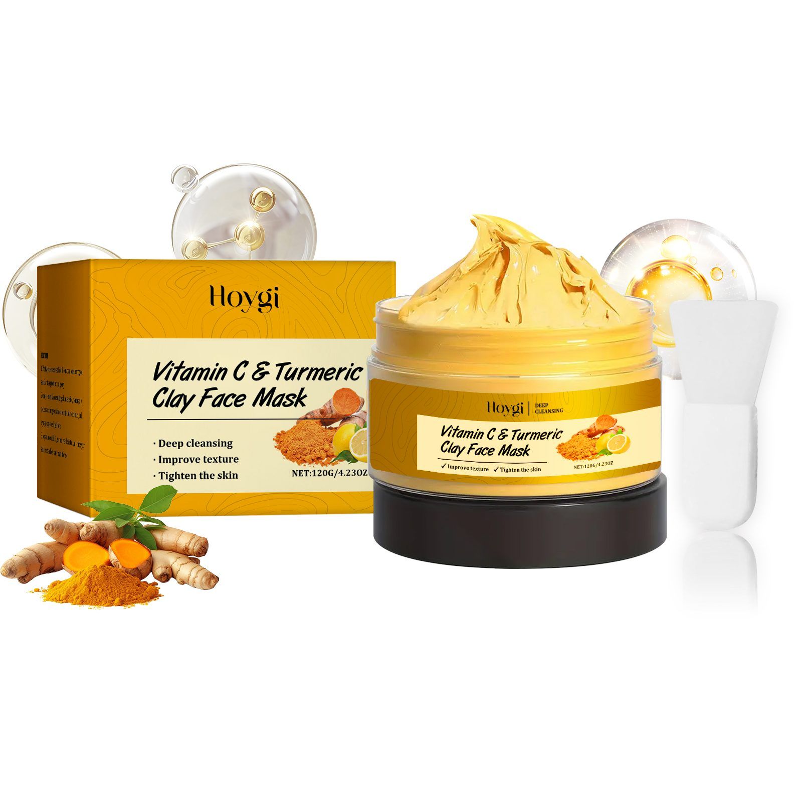 HOYGI Vitamin C and Turmeric Clay Face Mask with Brush, 120 g