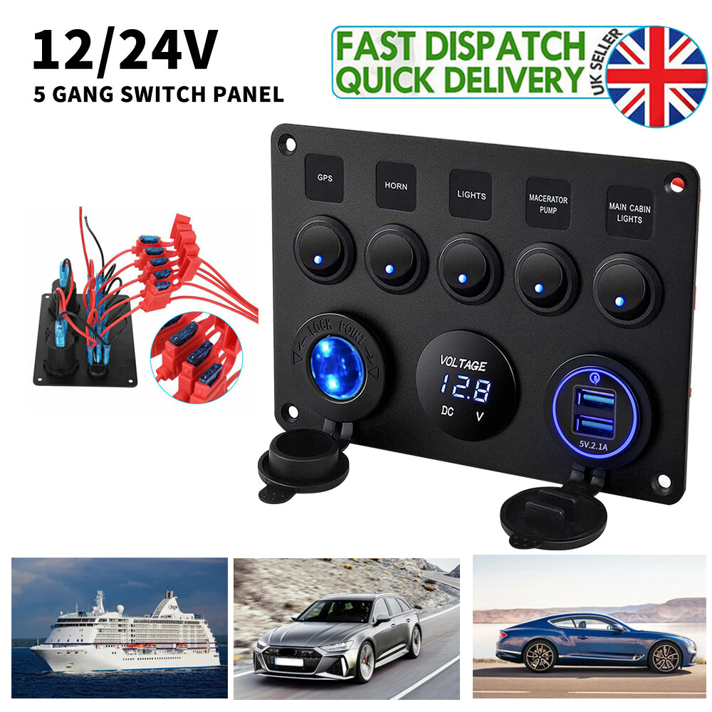 5 Gang Campervan RV 12V LED Light S Witch Control Panel Voltmeter USB Charger UK