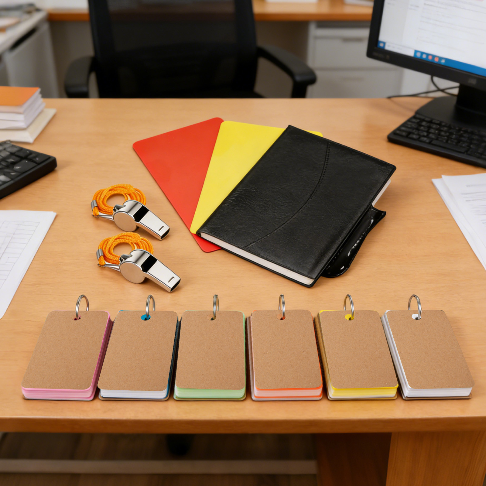 Single-leaf Notebook: 2 Large Notebooks (yellow/orange), 4 Small Notebooks (blue/white/pink/green), 2 Silver Flutes, 2 Referee Notebooks. For Organizing Events – Multi-part Party Gift Set.