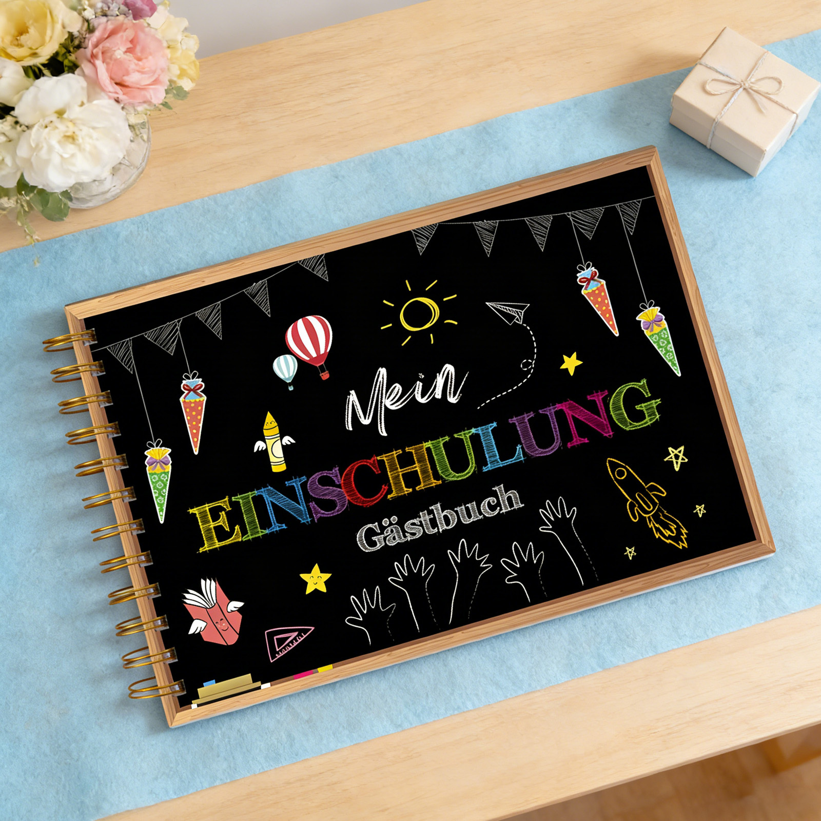 Smoky Blue Fleece Table Runner With School Start Album - Memory Book For School Start Party Accessories Set