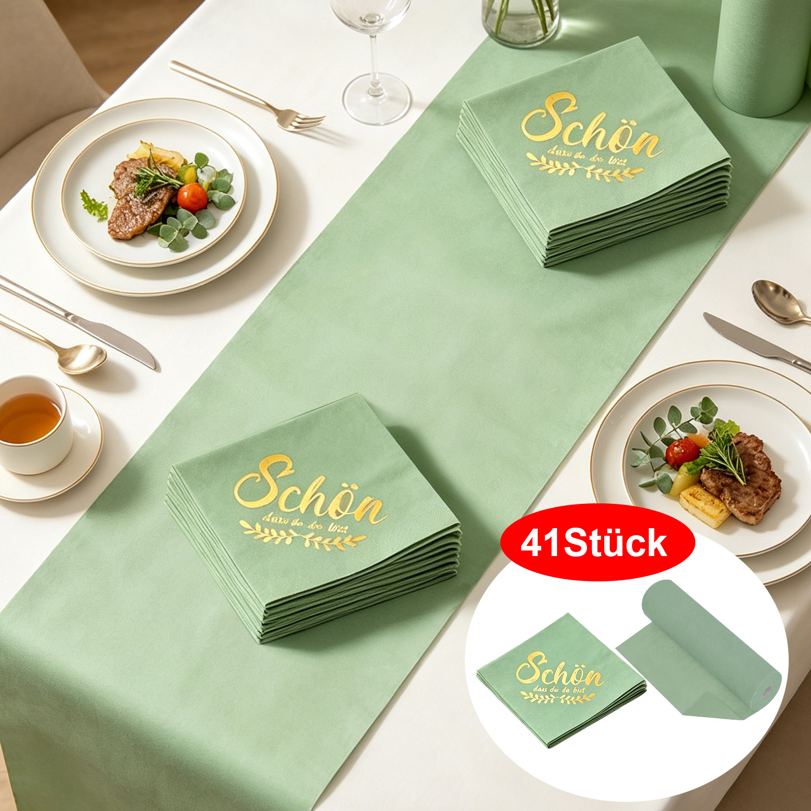 41-Piece Decorative Tablecloth And Napkin Set—40 Napkins + 1 Roll Of Eucalyptus Green Tablecloth, 30 Cm × 25 M—Perfect For Baptisms, Communions, Confirmations, Weddings, And Birthday Parties