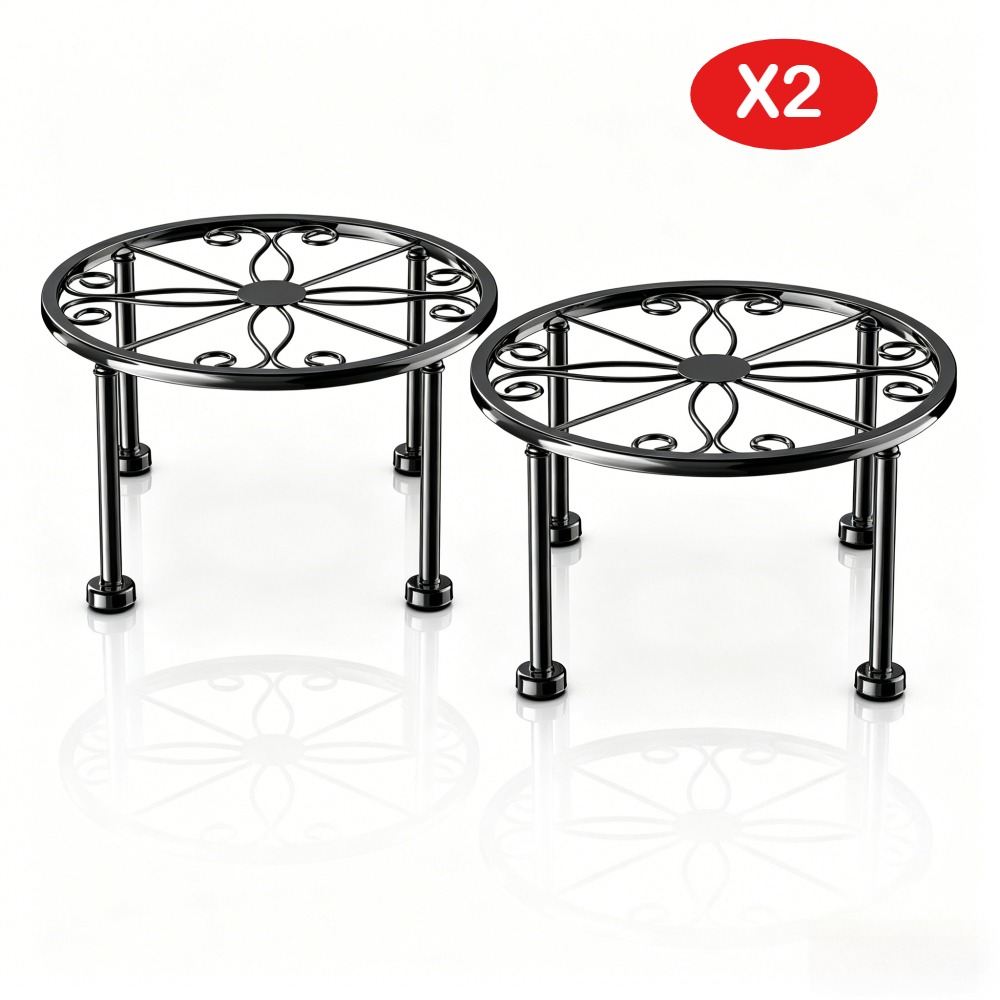 2 Pieces Black Wrought Iron Flower Stands, 12 Cm High, Decorative Flower Stands, Suitable For Living Room, Balcony And Terrace, Robust Metal Construction