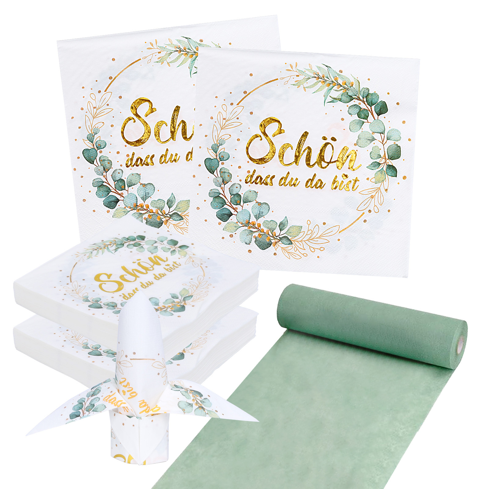 Party Table Decor Set: 1 Non-woven Tablecloth Green (30 X 2500 Cm) + 40 Napkins "Schön Dass Du Da Bist" (33 X 33 Cm, Ointment Green) – Table Decoration For Birthdays, Weddings And Festive Occasions