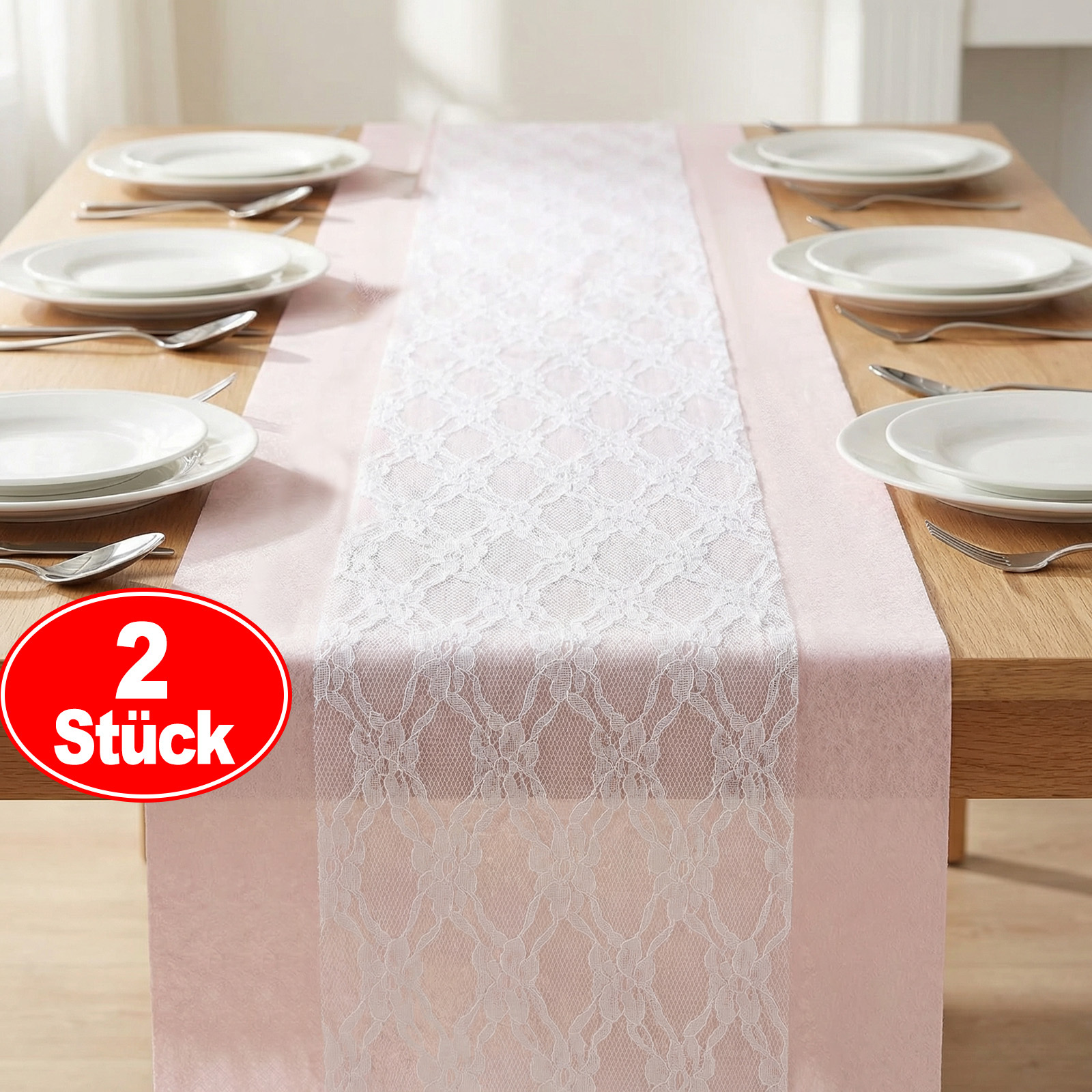 Light Pink Table Runner With White Tip For Table Decoration - 30cm X 25m & 15cm X 22m Set
