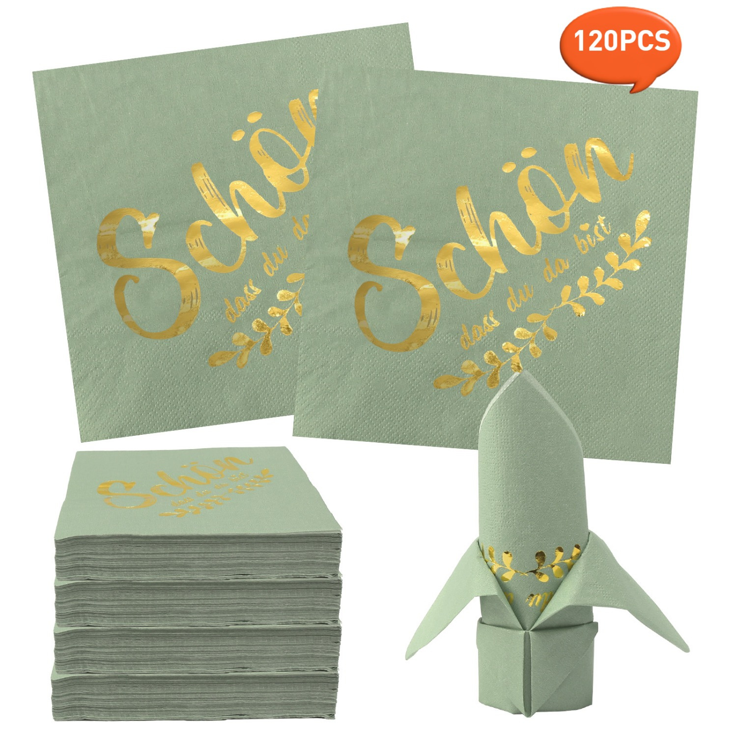 Party Set—120 “Schön, Dass Du Da Bist” Eucalyptus-patterned, Three-ply Sage Green Napkins, Perfect For Table Decorations At Christmas, Birthdays, Weddings, Baptisms, And Communions