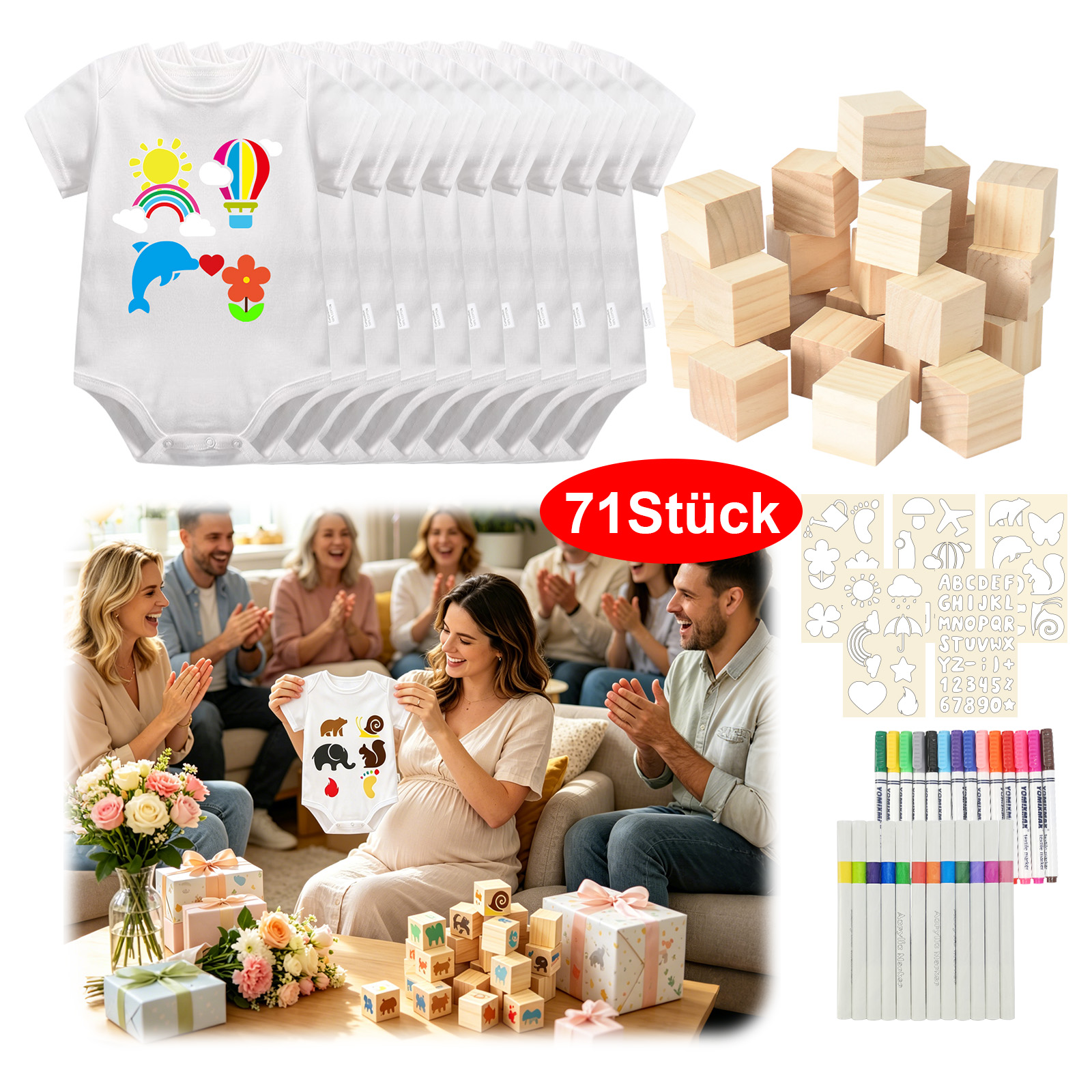 71-Piece Handmade Set: 10 Onesies + 5 Coloring Pages + 30 Wooden Blocks + 26 Pens—a DIY Set Perfect For Baptism Decorations And Party Gifts
