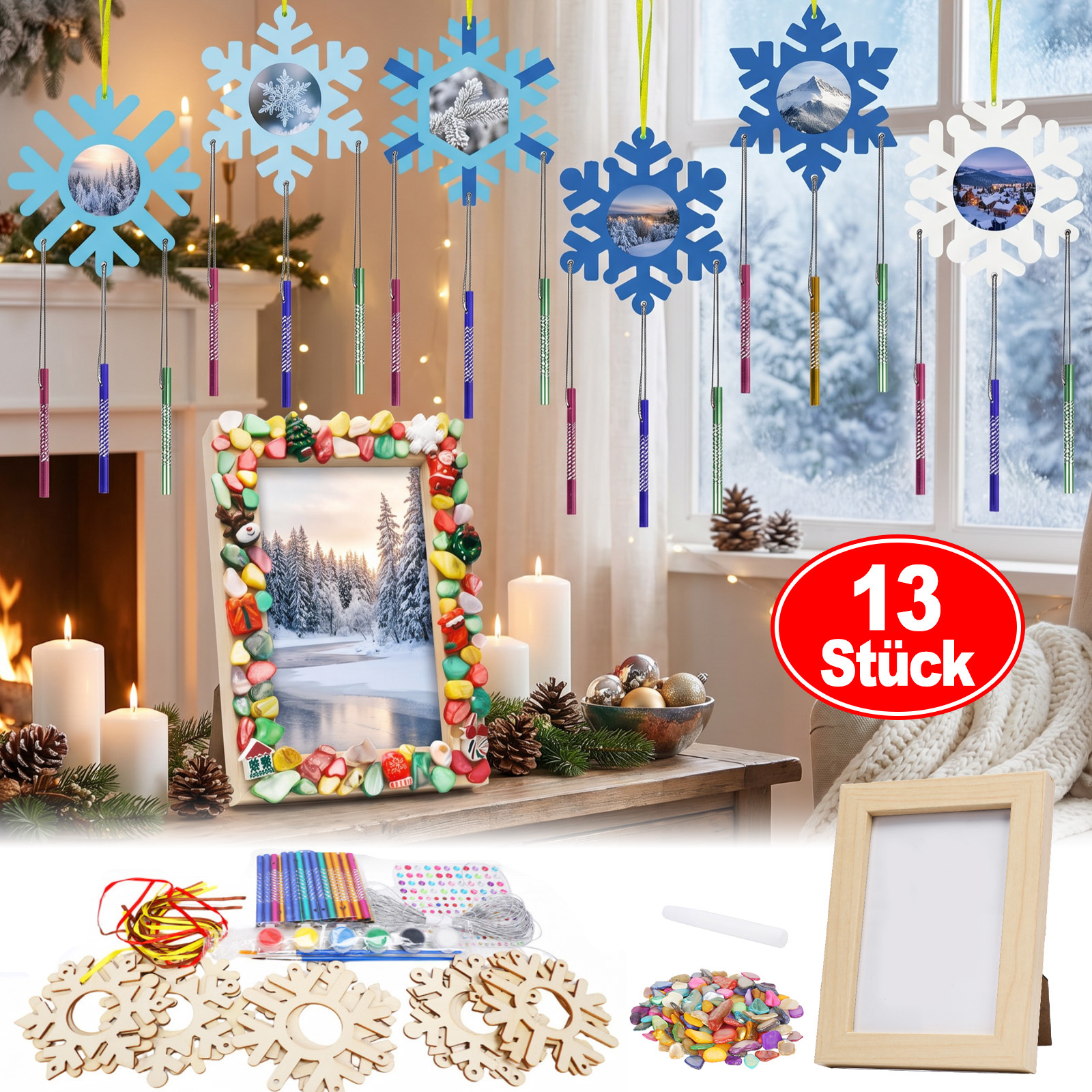 72-Piece Mosaic Wind Play Crafts Set, 6 Inch Snowflakes Photo Frame With 12 Wooden Plates, 36 Wind Players, Glitters And Home Decor Festive Decor Accessories