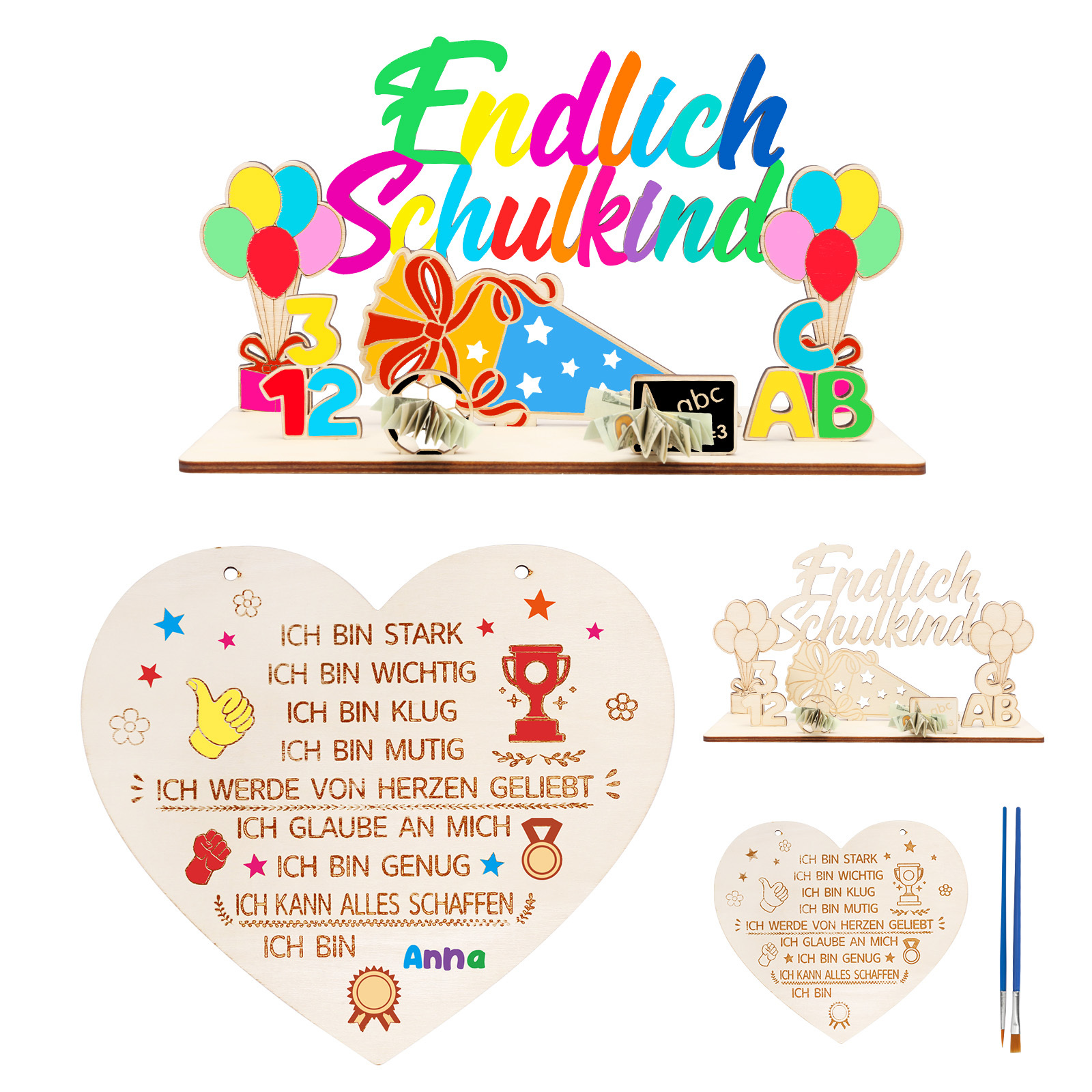 School Gift Set - Includes Wooden Items, 2 Brushes & Hemp Rope, Finally School Child Money Gift Wooden Set For Festive Occasions