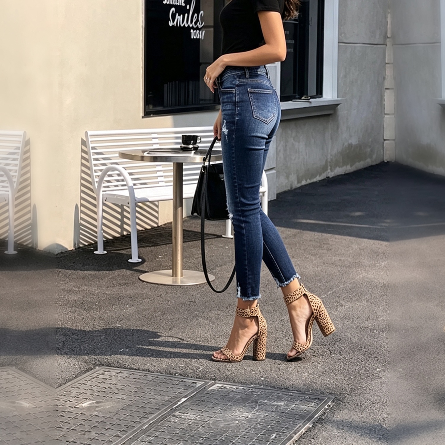 High Waist Button Fly Ripped Skinny Jeans, Dark Blue Wash Raw Hem Stretch Denim Pants For Women  Only Official Shipping Labels Are Supported