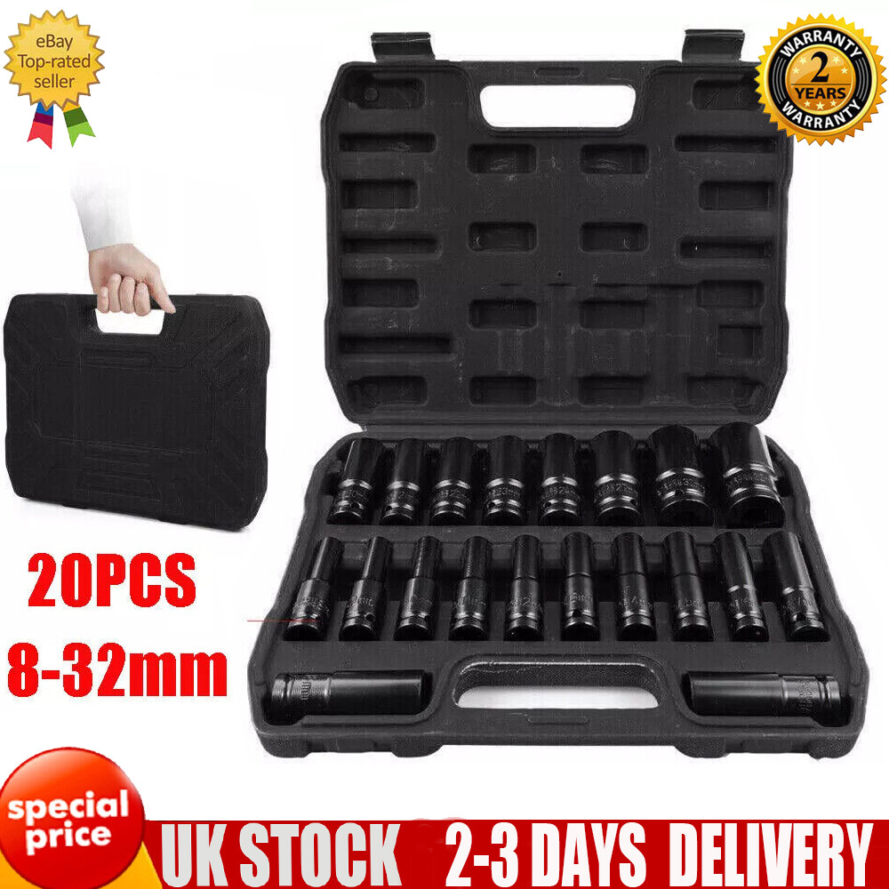20pcs Deep Impact Socket Set 1-2 Inch Drive 6 Point Metric 8-32mm Heavy Duty UK