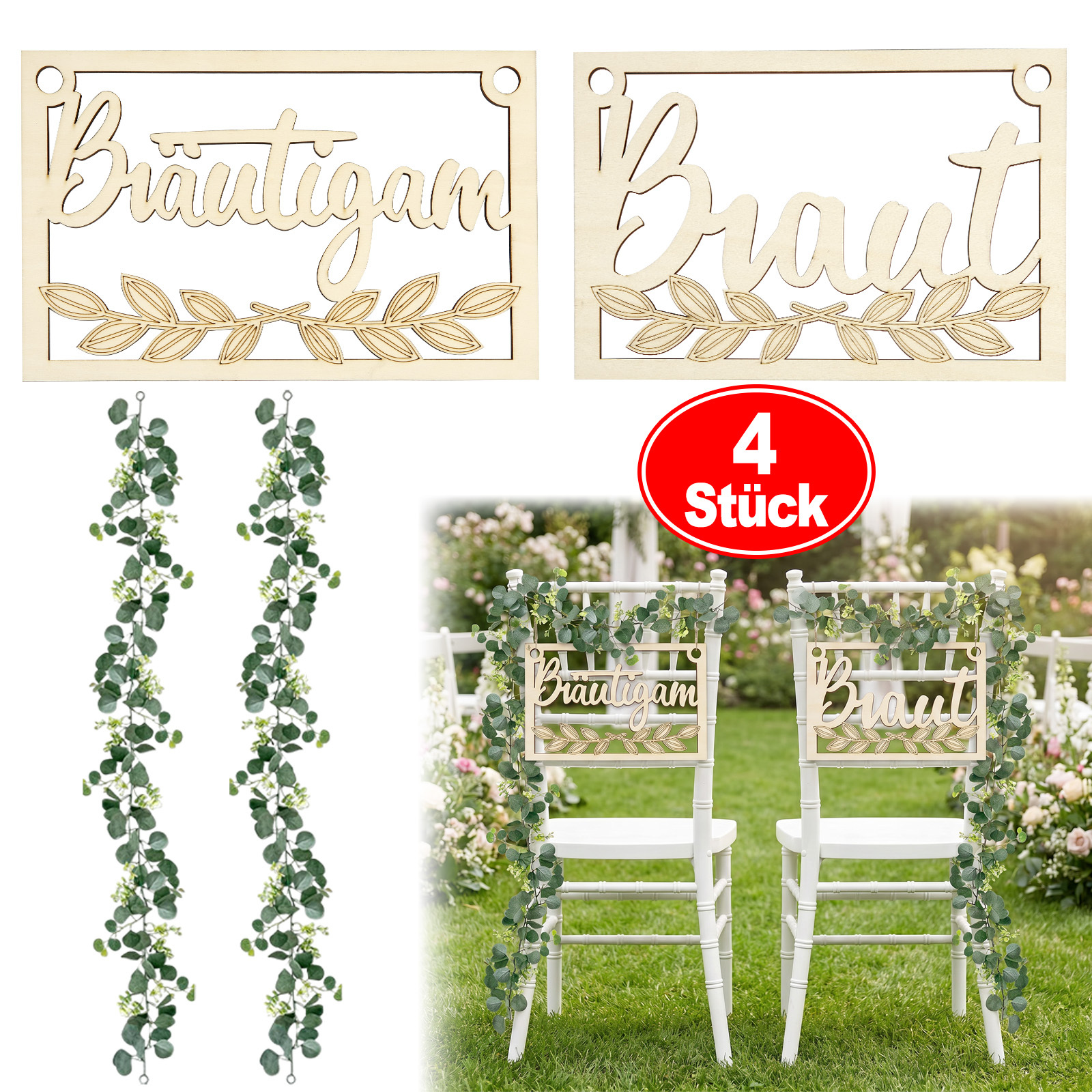 Bride & Groom Chair Shield Set With 2 Artificial Efeuranks, Decoration For Wedding Chairs Party Accessories Set