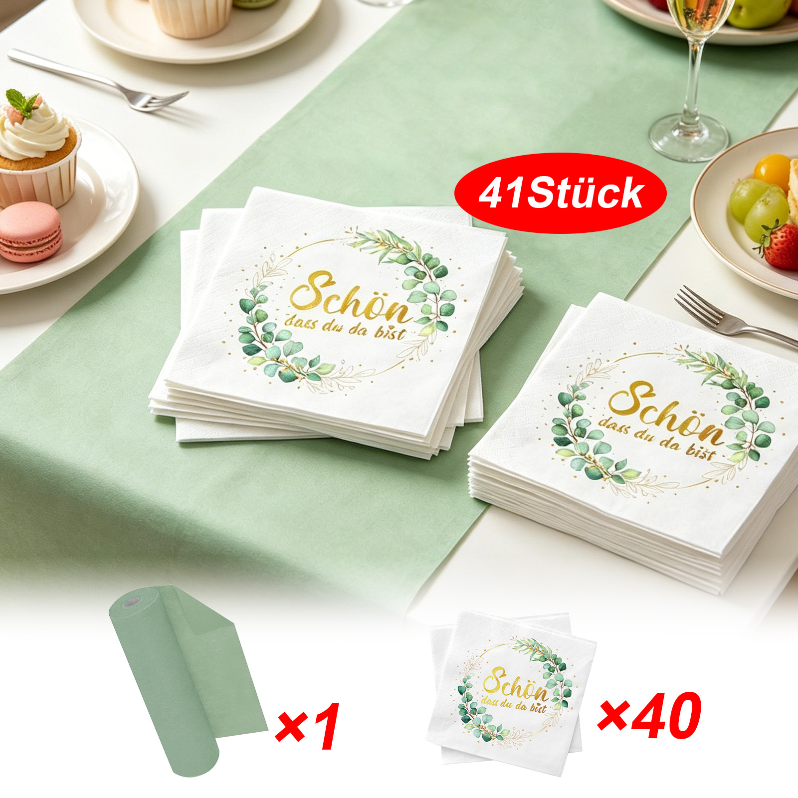 41 Piece Party Set Green Napkins Nice You're There With Table Runner Eucalyptus Green 30cmx25m For Parties And Events Party Accessories Set