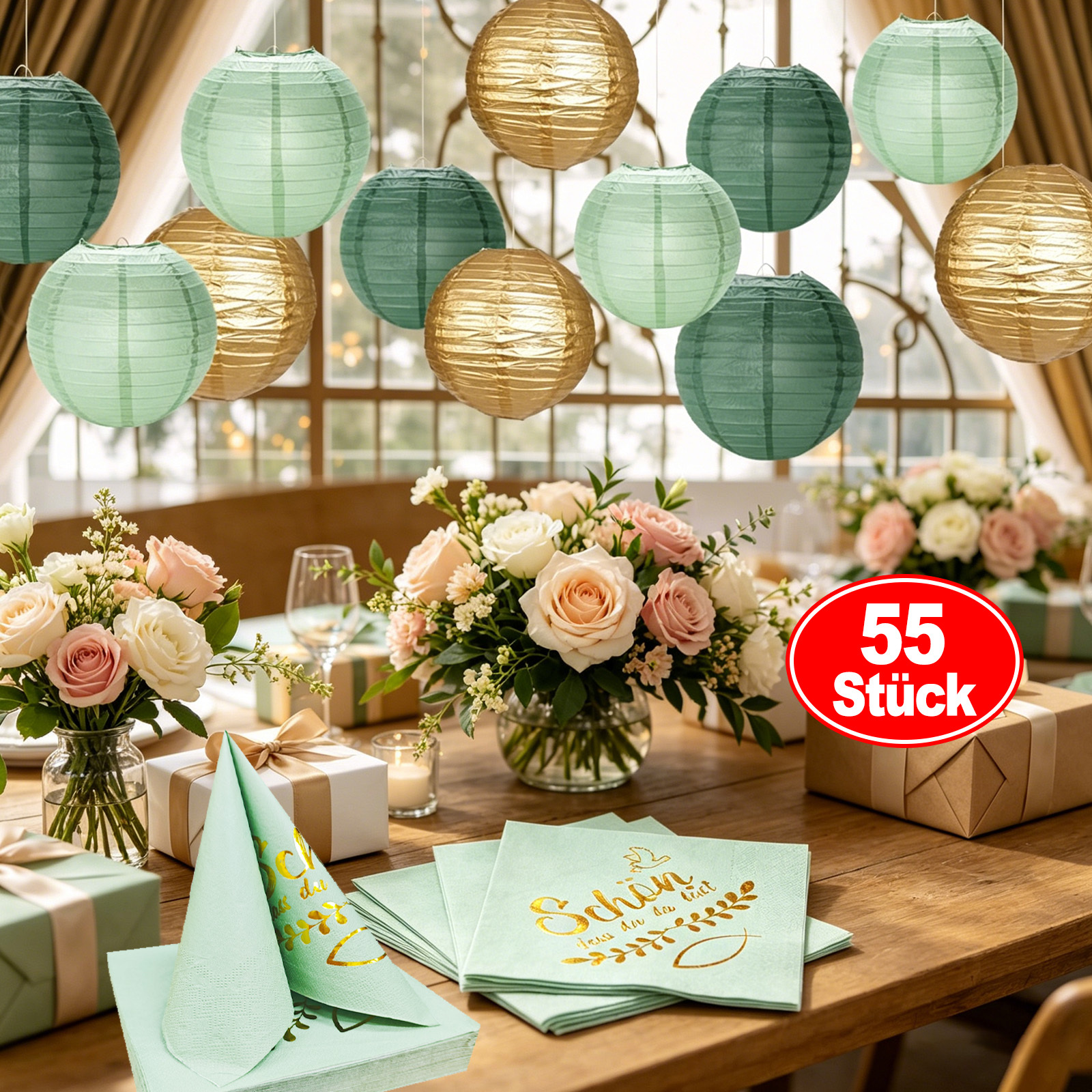 55 Pieces Retro Party Decoration: Lantern Set & Gold Embossed Napkins In Green Party Accessories Set