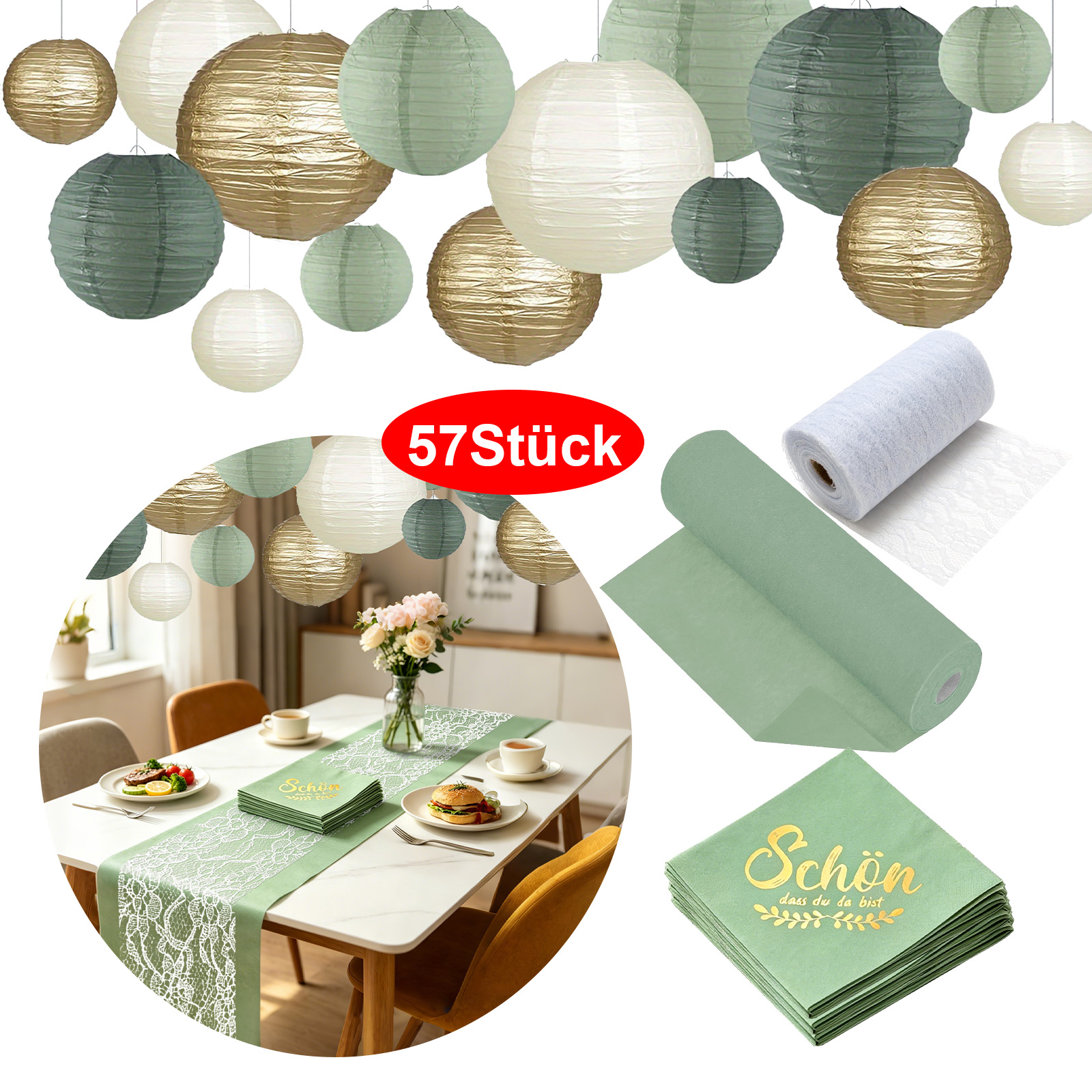 1 Roll Of Eucalyptus Green Table Runner+1 Roll Of White Table Runner+40 Napkins +15 Paper Lanterns—a Party Decoration Set Suitable For Baptisms,communions,confirmations,weddings And Birthday Parties