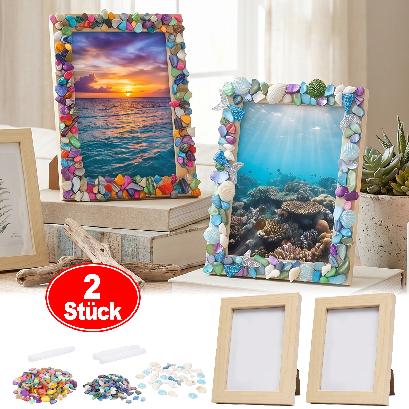 Craft Set Mosaic Picture Frame, Ocean Theme With 7 Inch Wooden Frame, 5 Colors Shell Break, Decoration For Home Party Decoration