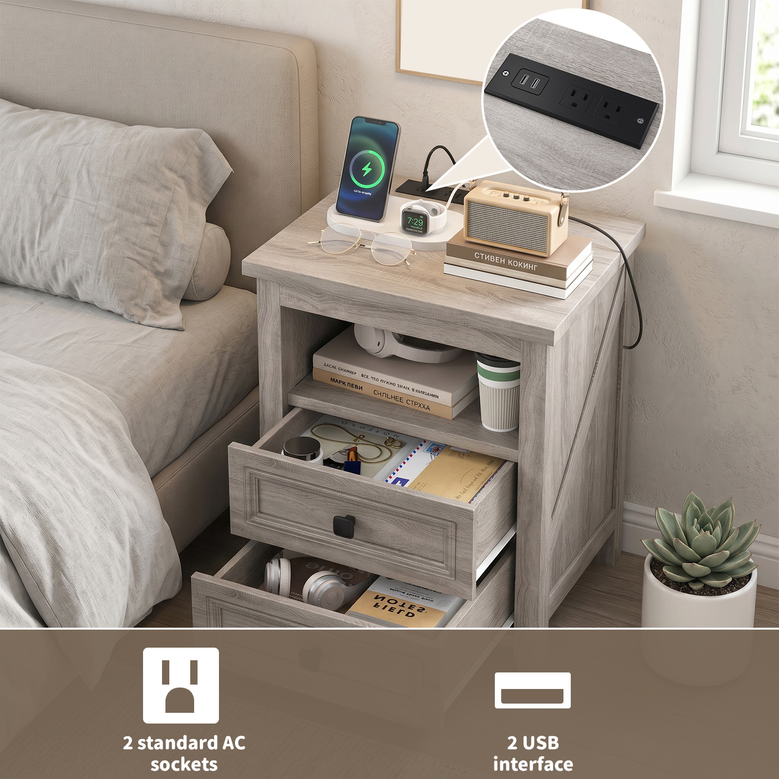 Wood Nightstand with Charging Station, picture 4 of 5