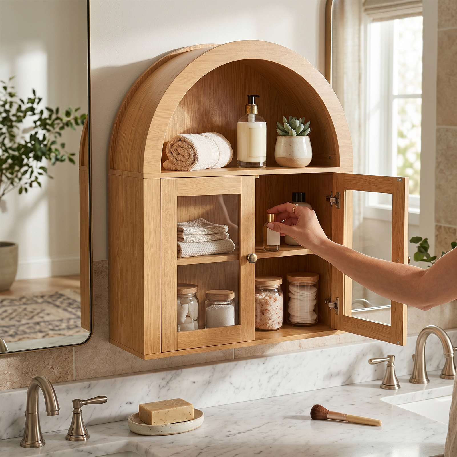 Armoire murale vintage en bois avec étagères réglables - Chêne