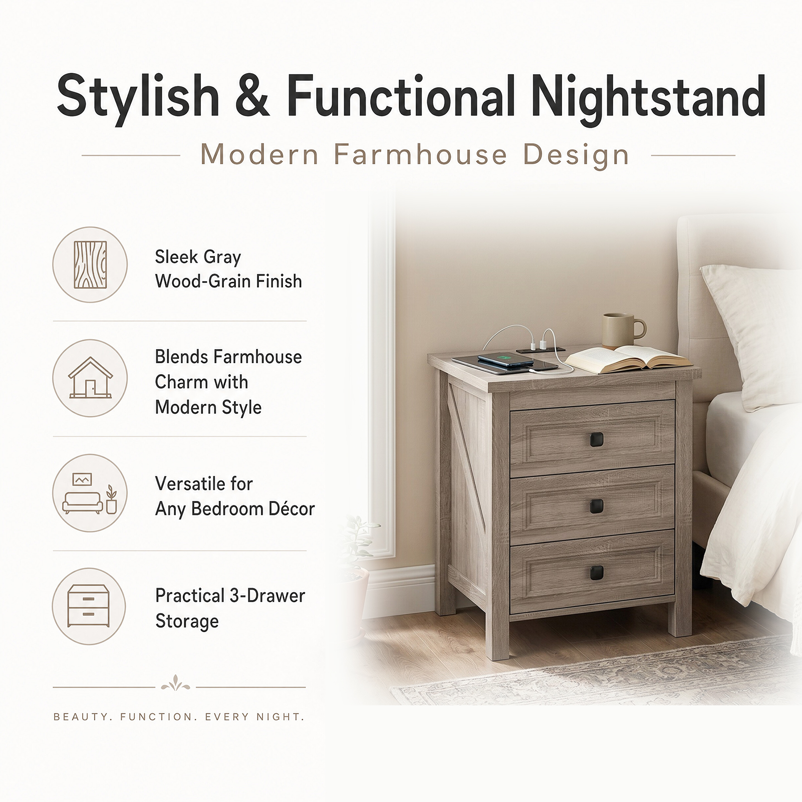Farmhouse Nightstand with Charging Station, picture 4 of 5