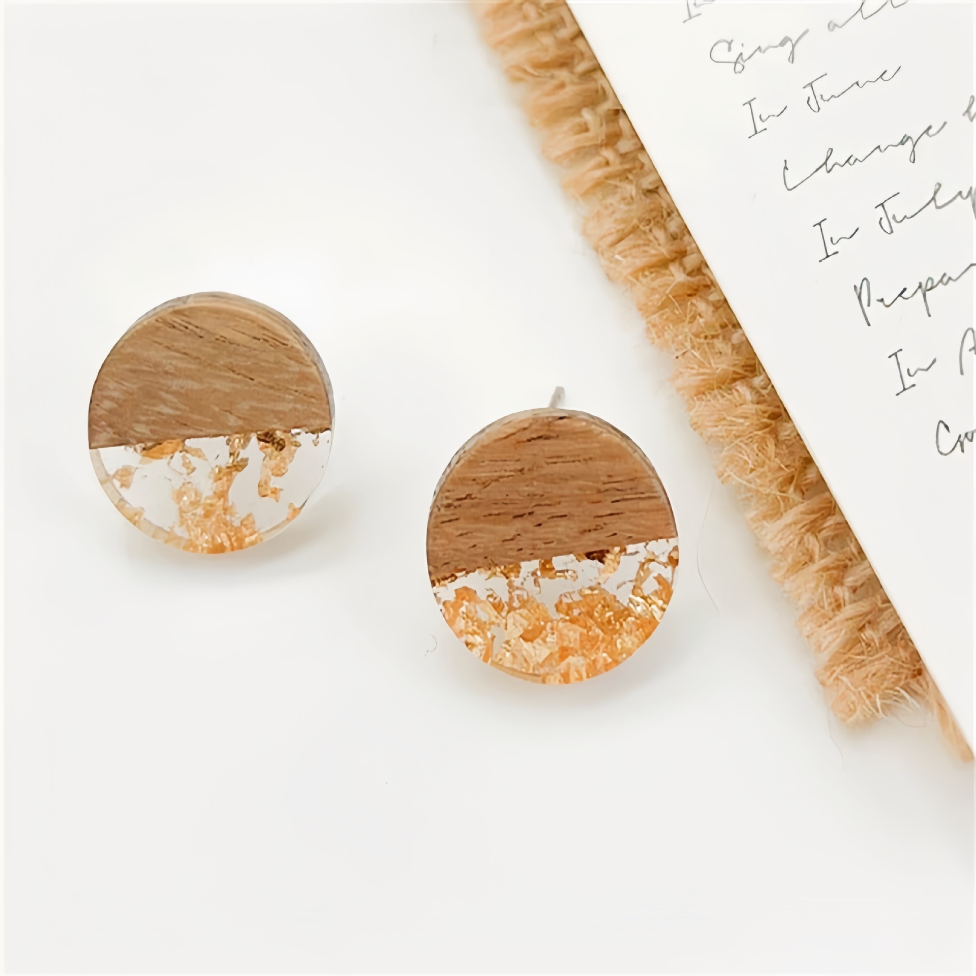 1 Pair Round Gold Foil Resin Wood Splice Earrings Boho Disc Earrings Women's Jewelry 5