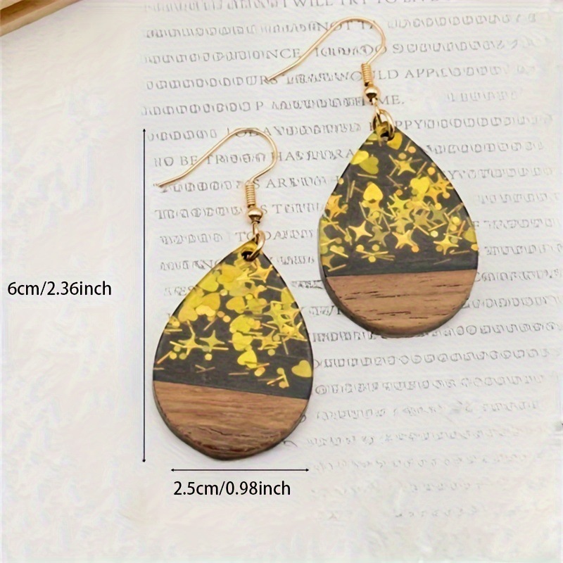 1 Pair Gold Star Heart Glitter Drop Resin Wood Dangle Earrings Bohemian Party Style Women's Accessories 6