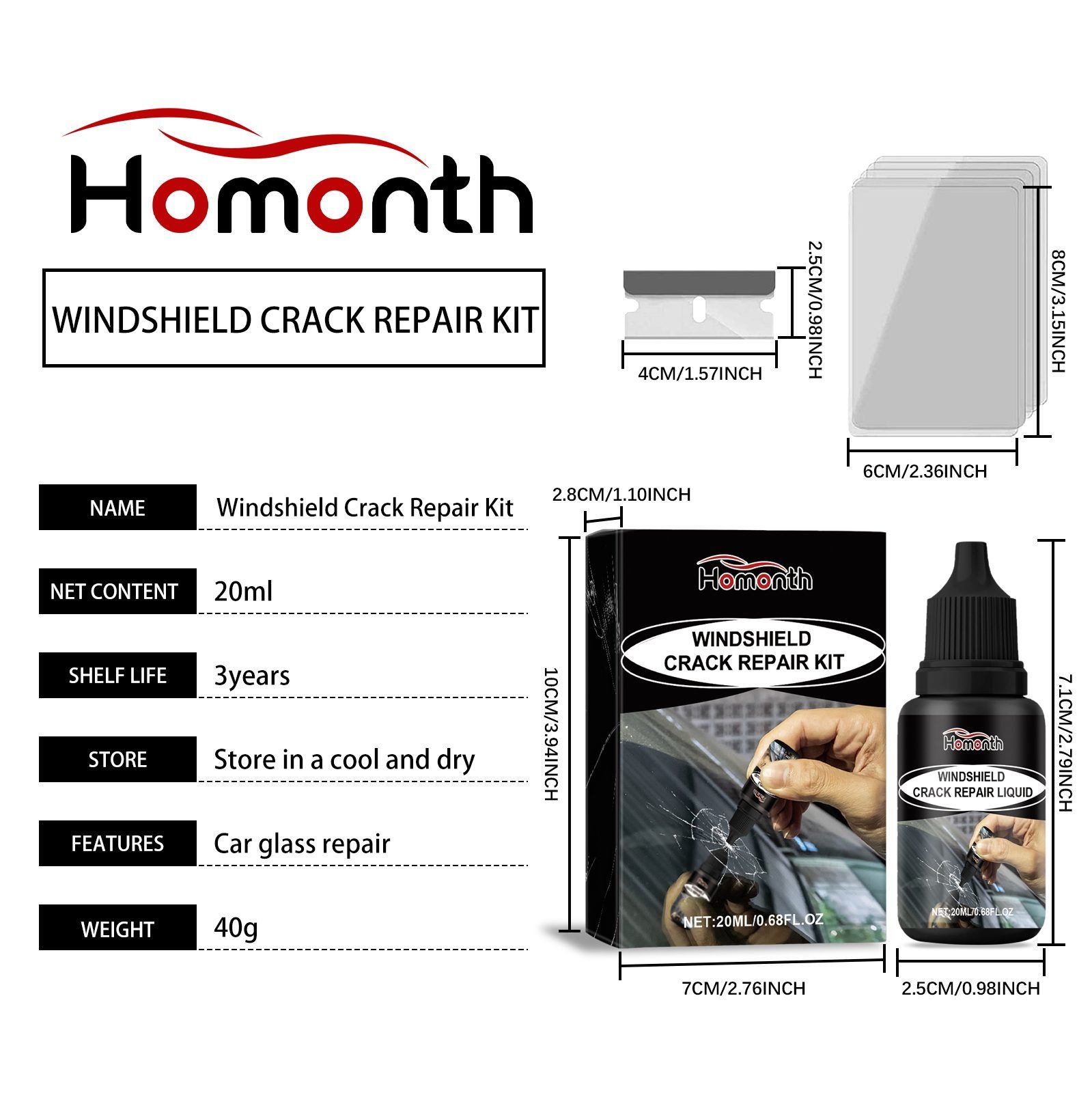 HOMONTH Automotive Windshield Glass Repair Liquid, 20 ml / 1 Bottle image 8